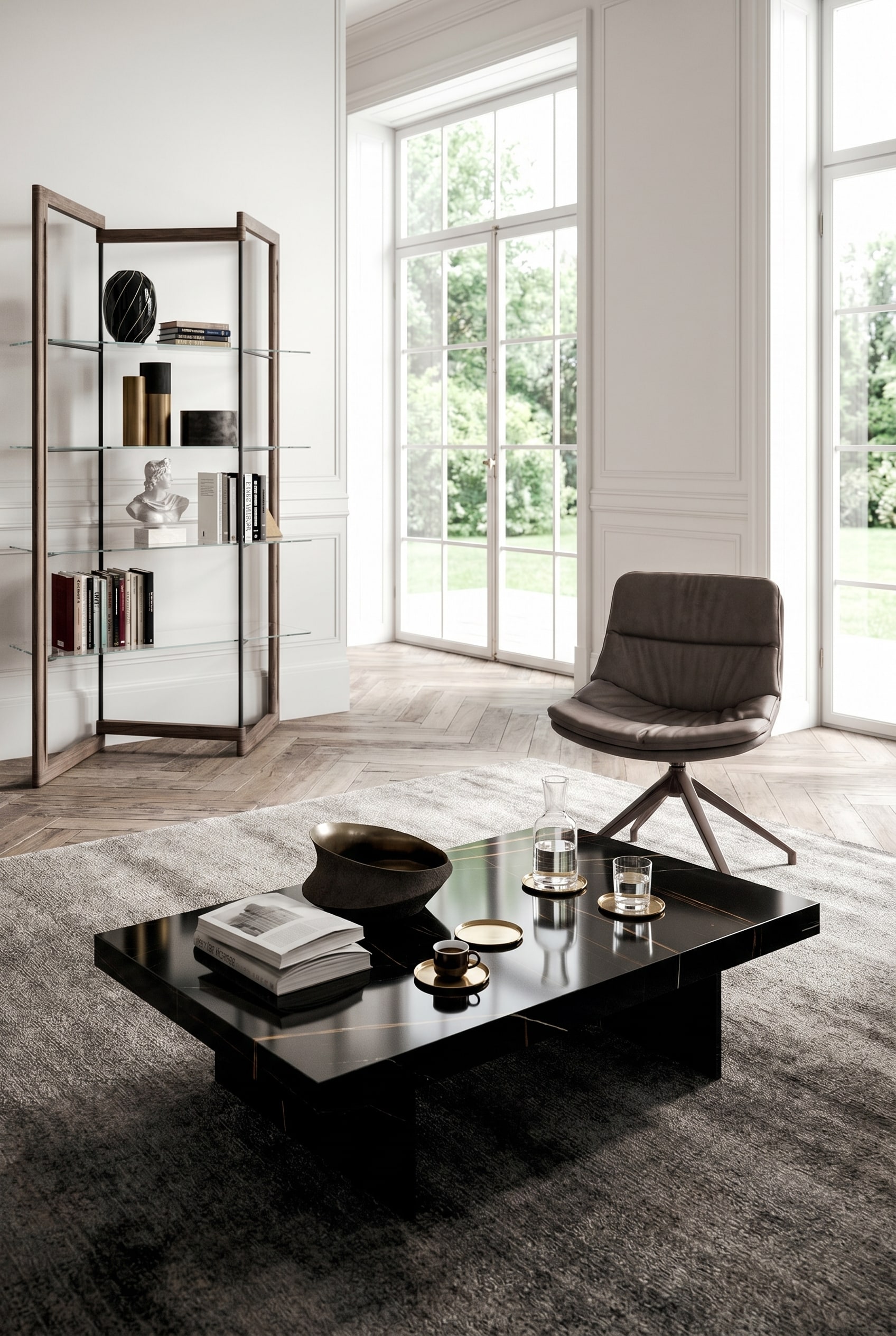Dunkler Holz-Couchtisch im Dark Luxury Stil, dekoriert mit gestapelten Travertin-Untersetzern und einer glänzenden Bronze-Schale