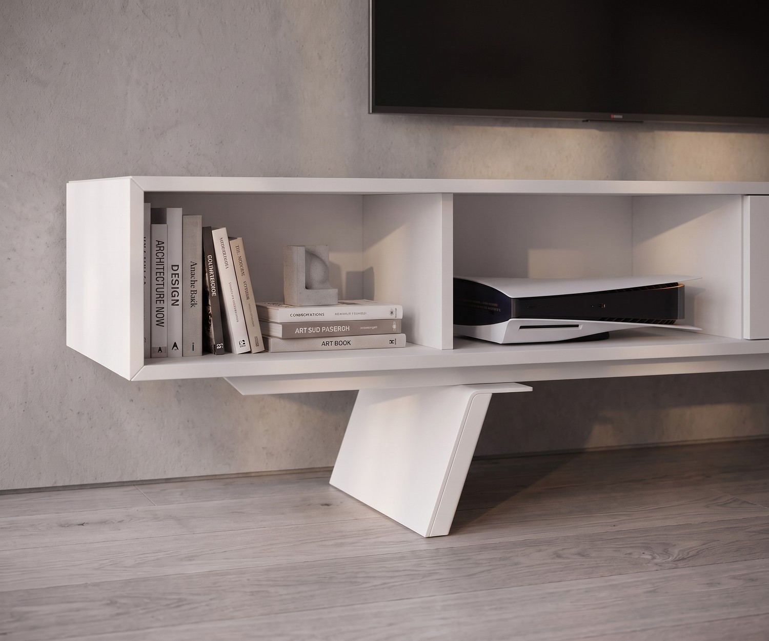TV Lowboard e-klipse 005 für das Wohnzimmer. Weißes Design-Fernsehmöbel vor Betonwand in moderner, heller Einrichtung.