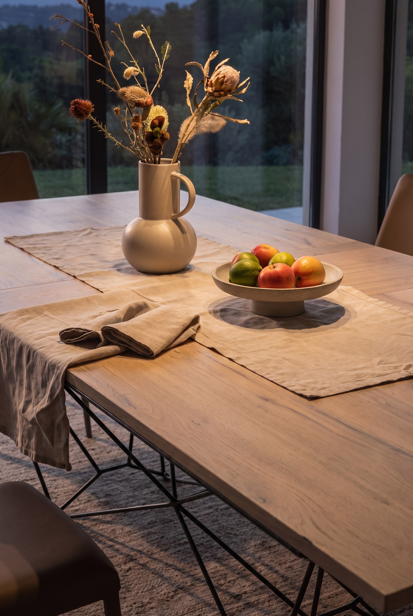 Nahaufnahme der Holzmaserung eines Esstisches mit Leinenläufer, Keramikvase und Obstschale.