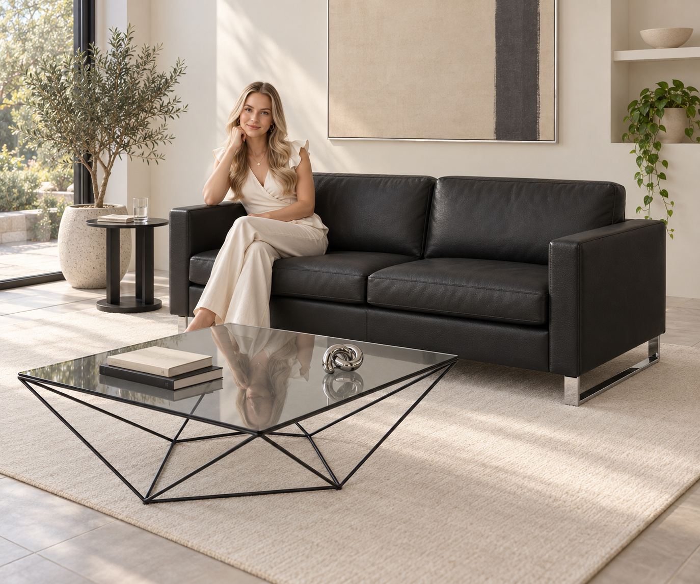 Livitalia Sofa Vinaro, 206 × 91 cm, Seminole 04 Schwarz, Echtleder, Chromkufen – Schrägansicht mit Mira Celini
