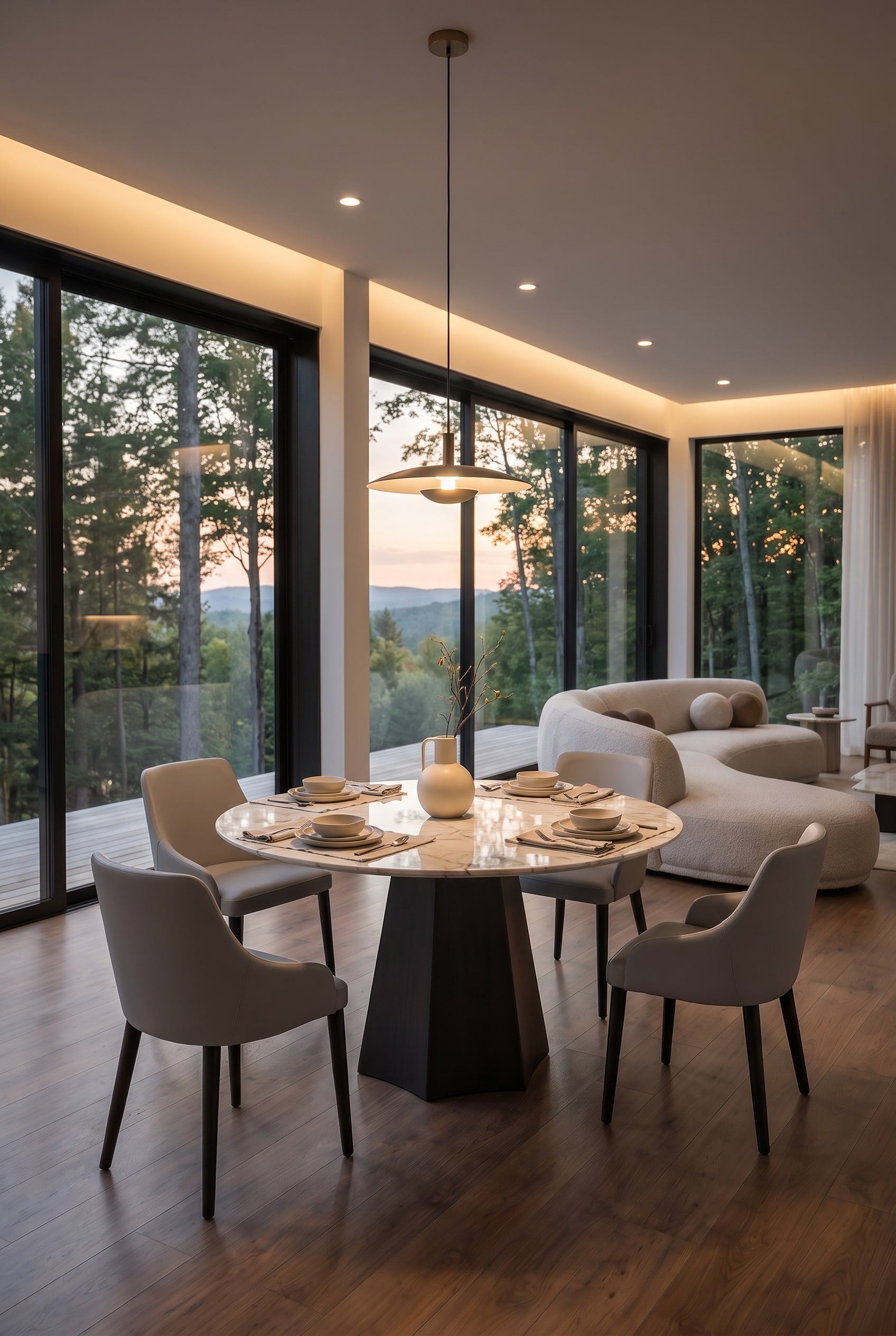 Modernes Esszimmer mit facettiertem Keramik-Esstisch Poliedro, vier modernen St&uuml;hlen und dezentem Tischstyling bei Tageslicht