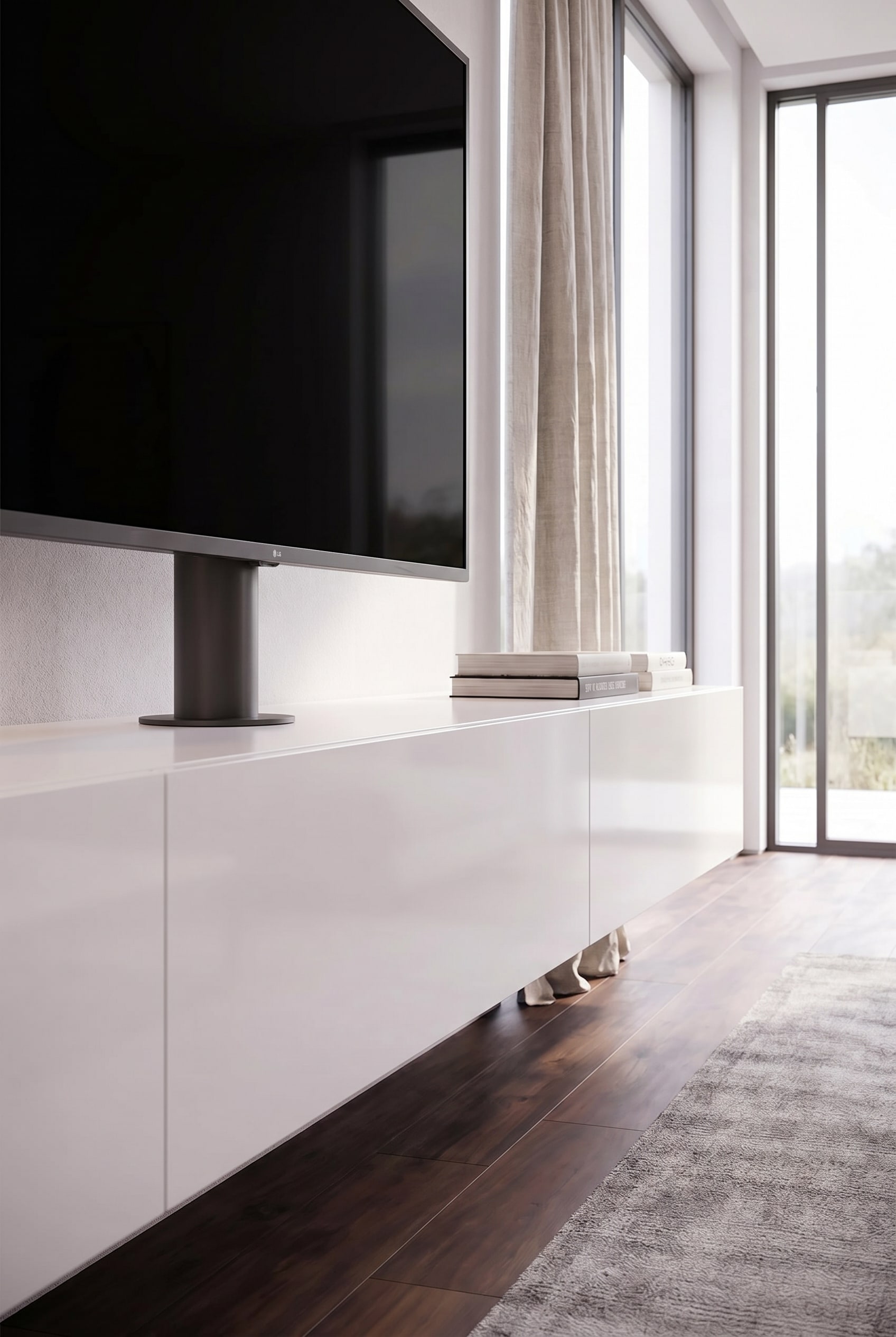 Detailaufnahme der schwenkbaren TV-Säule und des Kabelmanagements