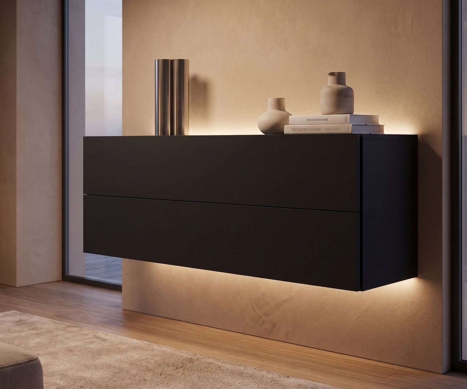 Novamobili Easy Hängekommode in Schwarz mit LED Hängekommode Easy von Novamobili in Schwarz im minimalistischen Wohnzimmer, moderne schwebende Kommode mit LED-Beleuchtung.