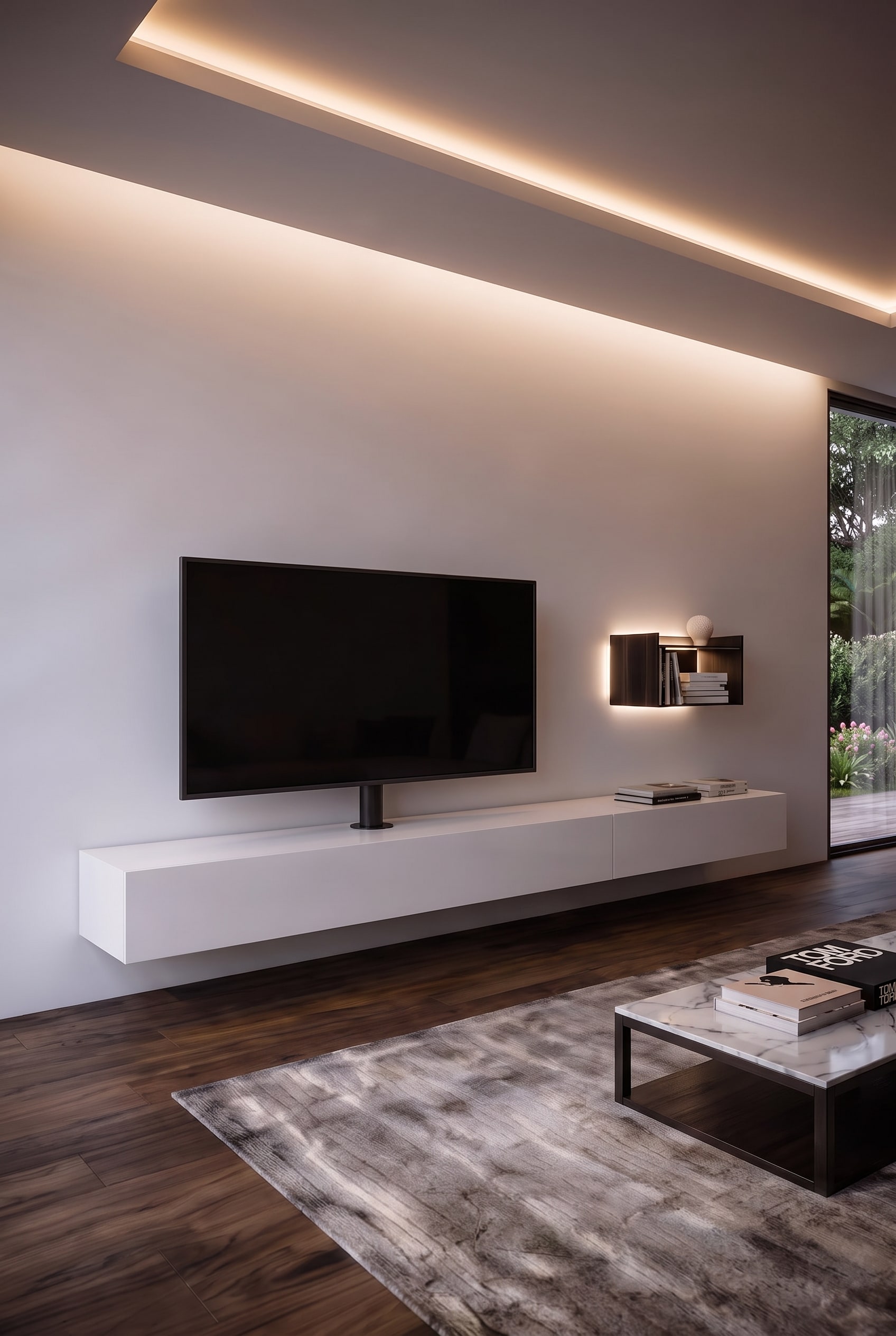 Modernes Wohnzimmer mit schwebendem Fernseher an einer Halterung &uuml;ber einem Lowboard und einem flachen Bildband in der Mitte