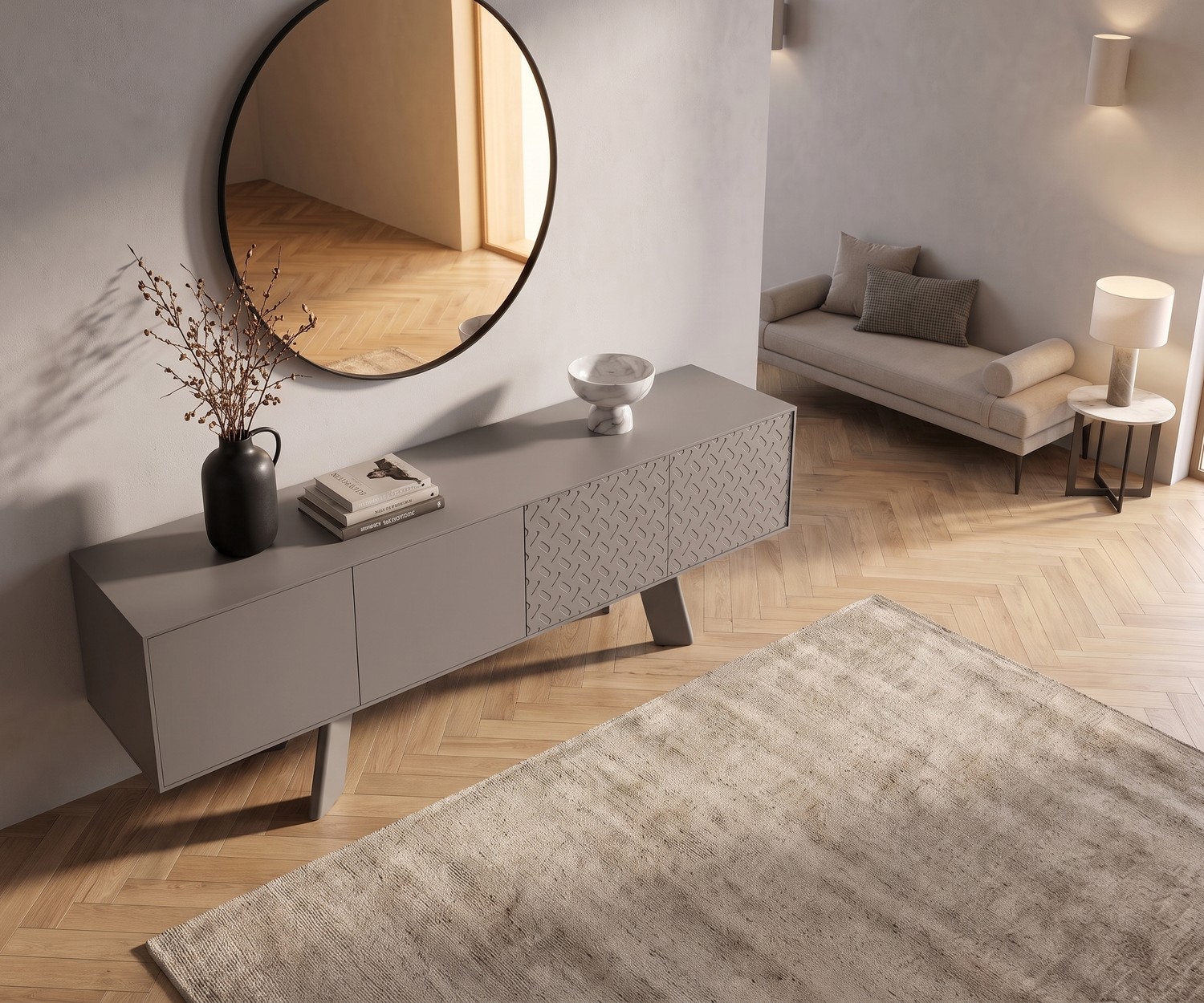 Design Sideboard Alhambra 003 für das Wohnzimmer, moderner grauer Schrank mit Mustertüren, Parkett und Spiegel.