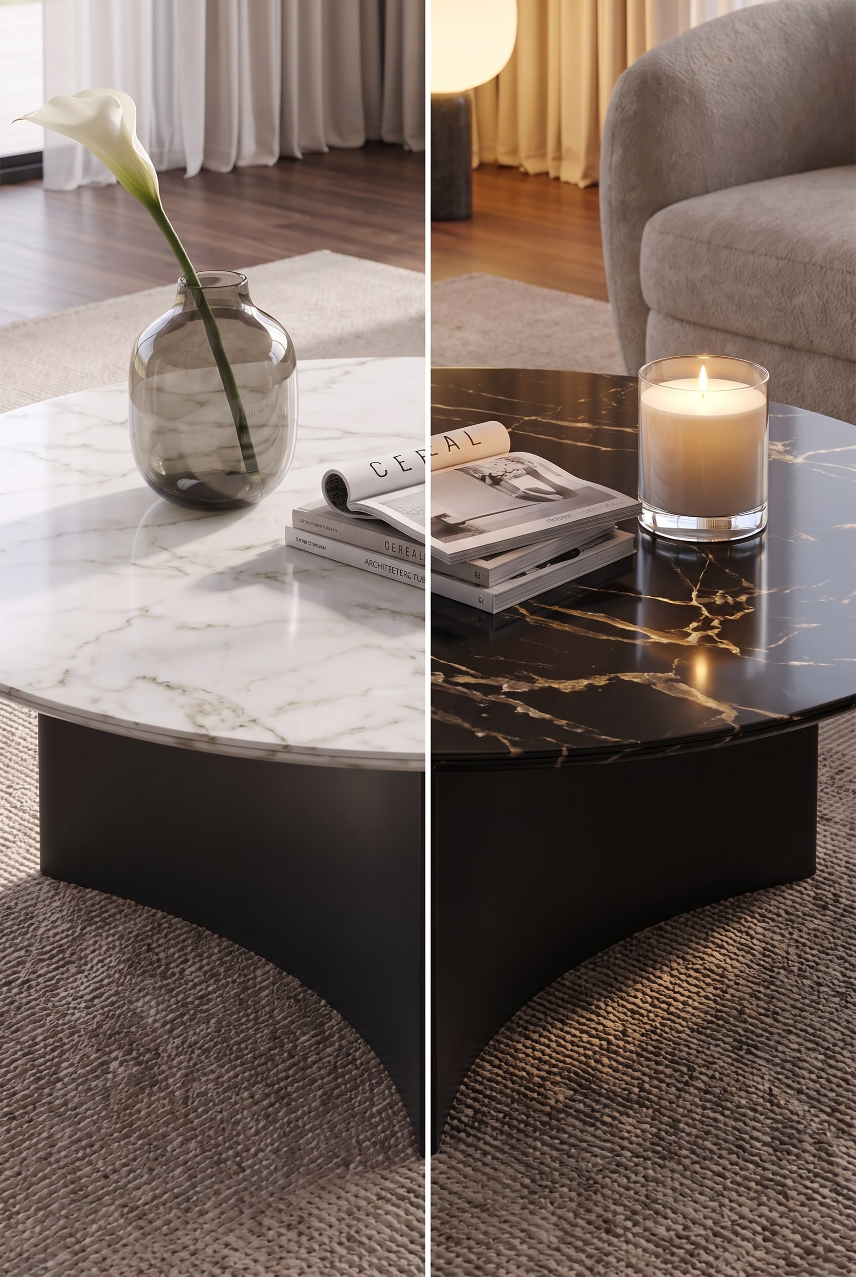 Gegenüberstellung der Keramikplatten in Fusion White und Noir Desir