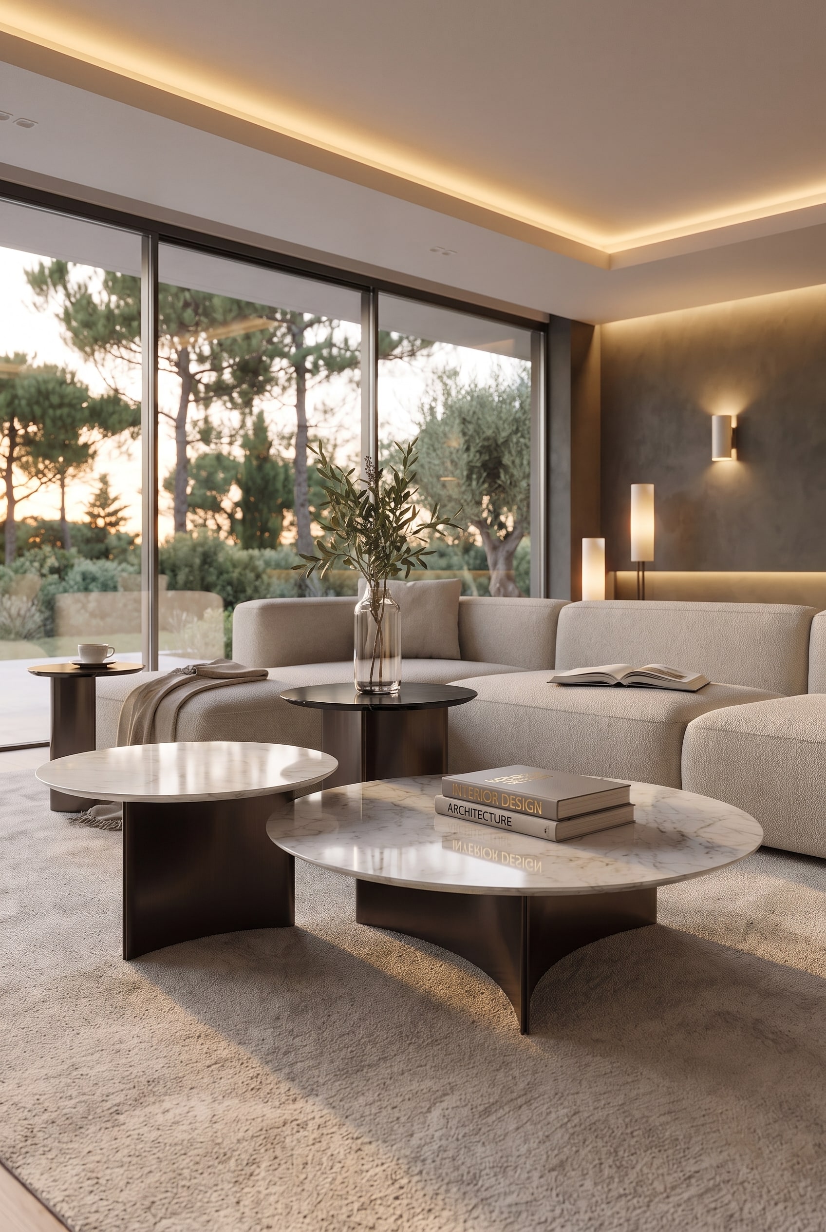 Modernes Wohnzimmer mit einem organisch geformten Couchtisch als zentralem Blickfang