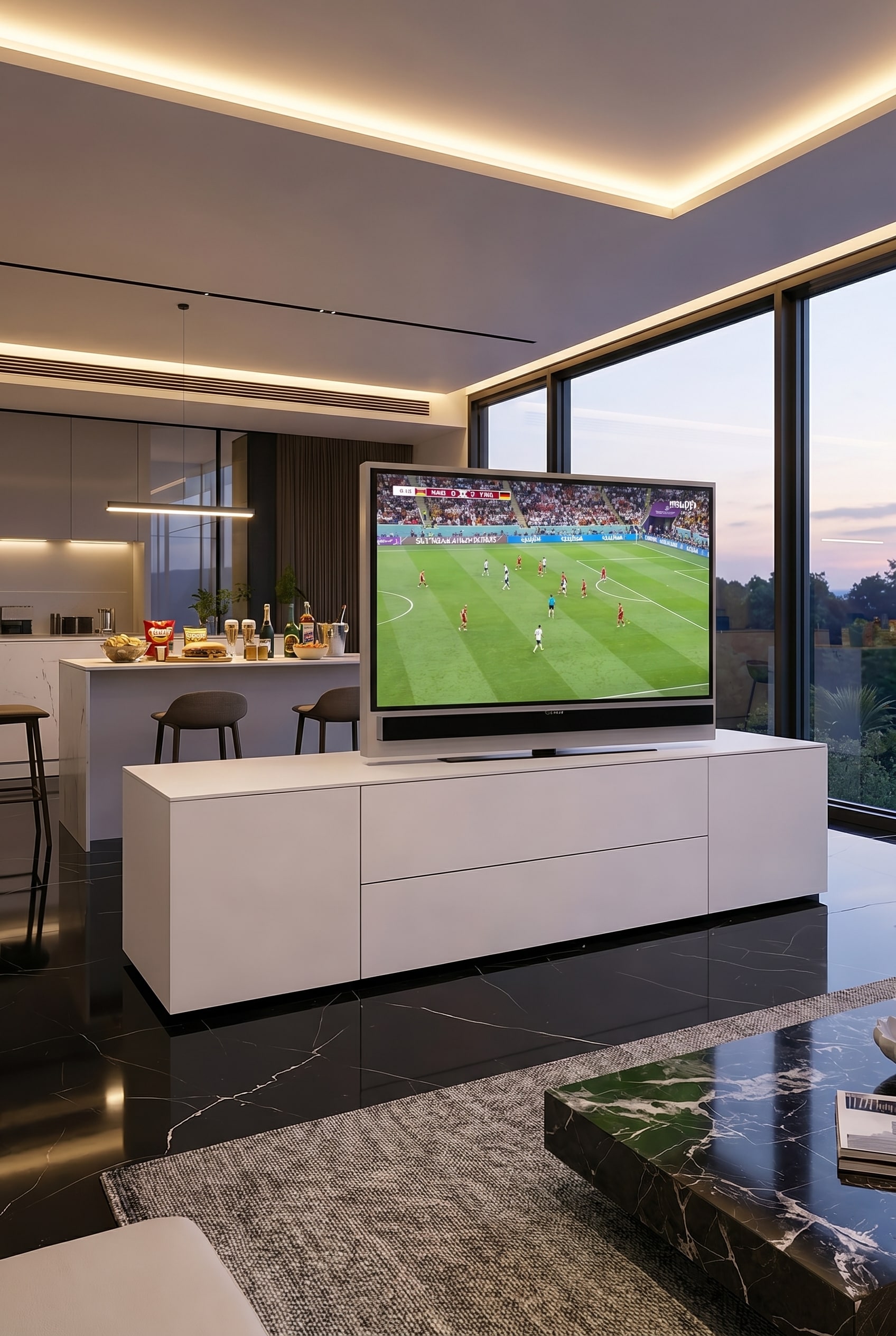 Freistehender Raumteiler mit einem schwenkbaren TV-Paneel, auf dem ein Fernseher montiert ist, im Hintergrund eine offene K&uuml;che mit Barhockern