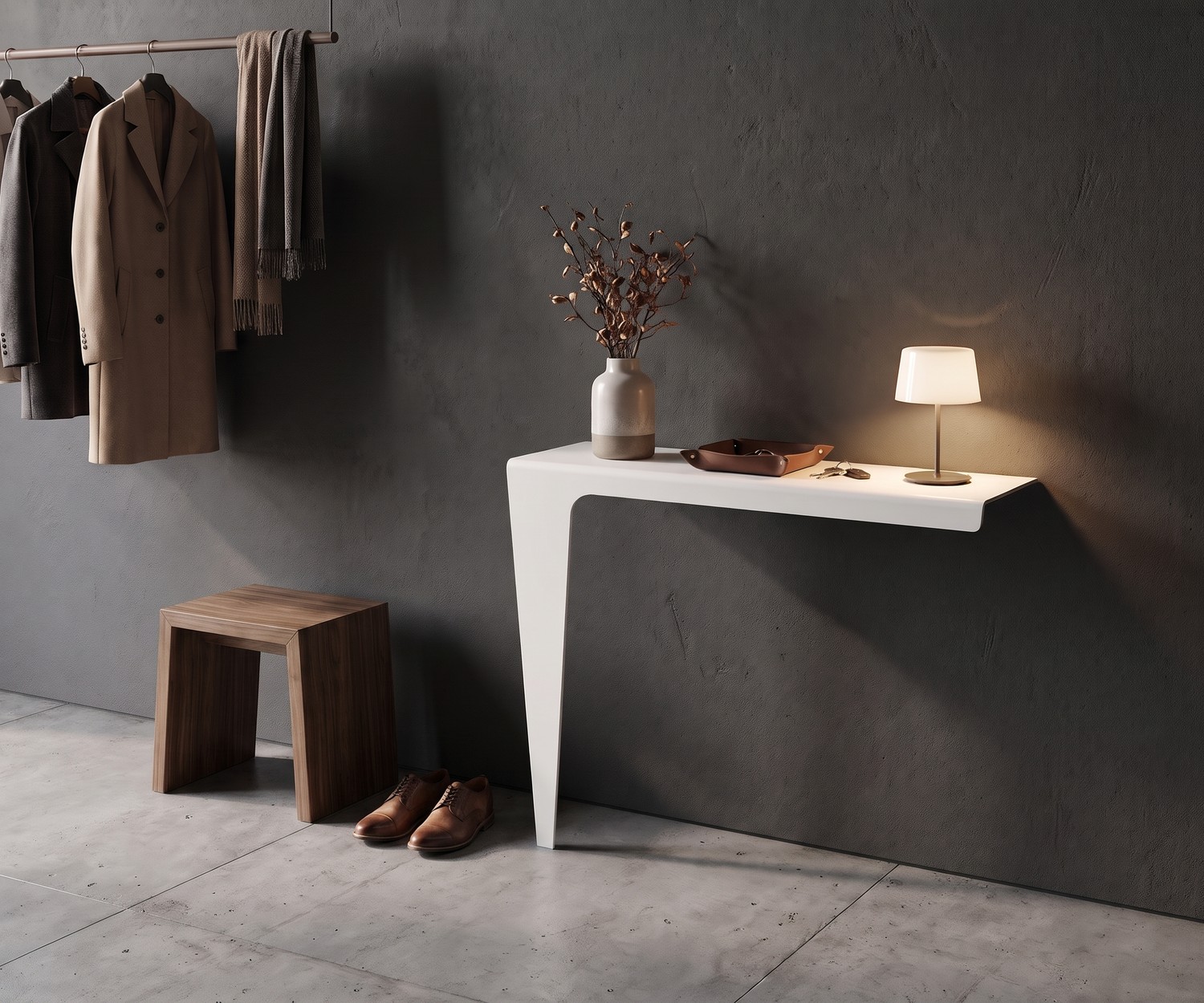 Wandkonsole Lama aus Metall von MEME Design in Weiß im modernen Flur mit Hocker und Garderobe.