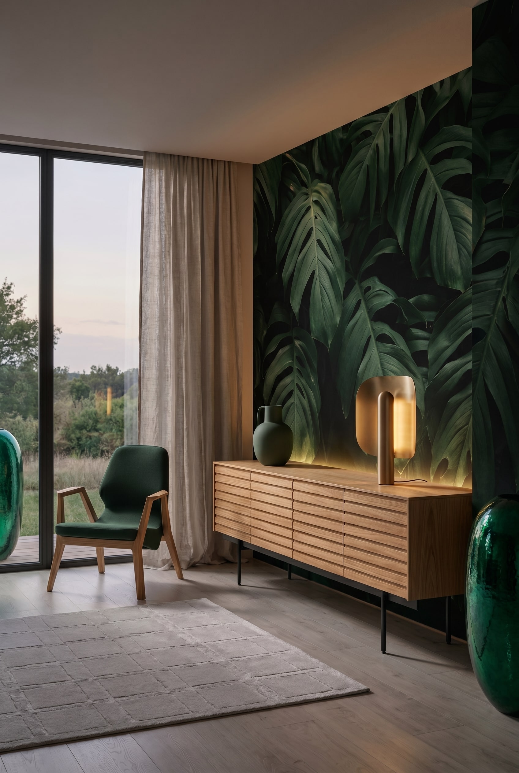 Luxuriöses Wohnzimmer im Halbschatten mit geriffeltem Holz-Sideboard, einer matten dunkelgrünen Keramikvase und indirekter warmer Beleuchtung