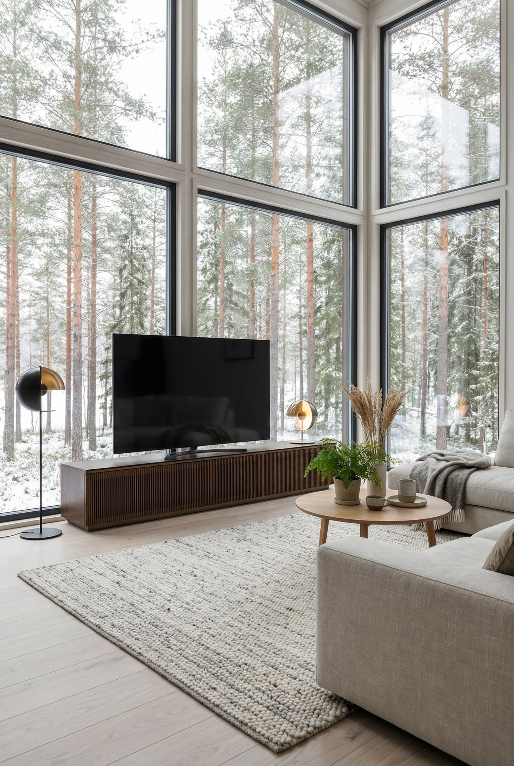 Skandinavisches TV Lowboard aus hellem Holz mit Lamellen-Schiebet&uuml;ren