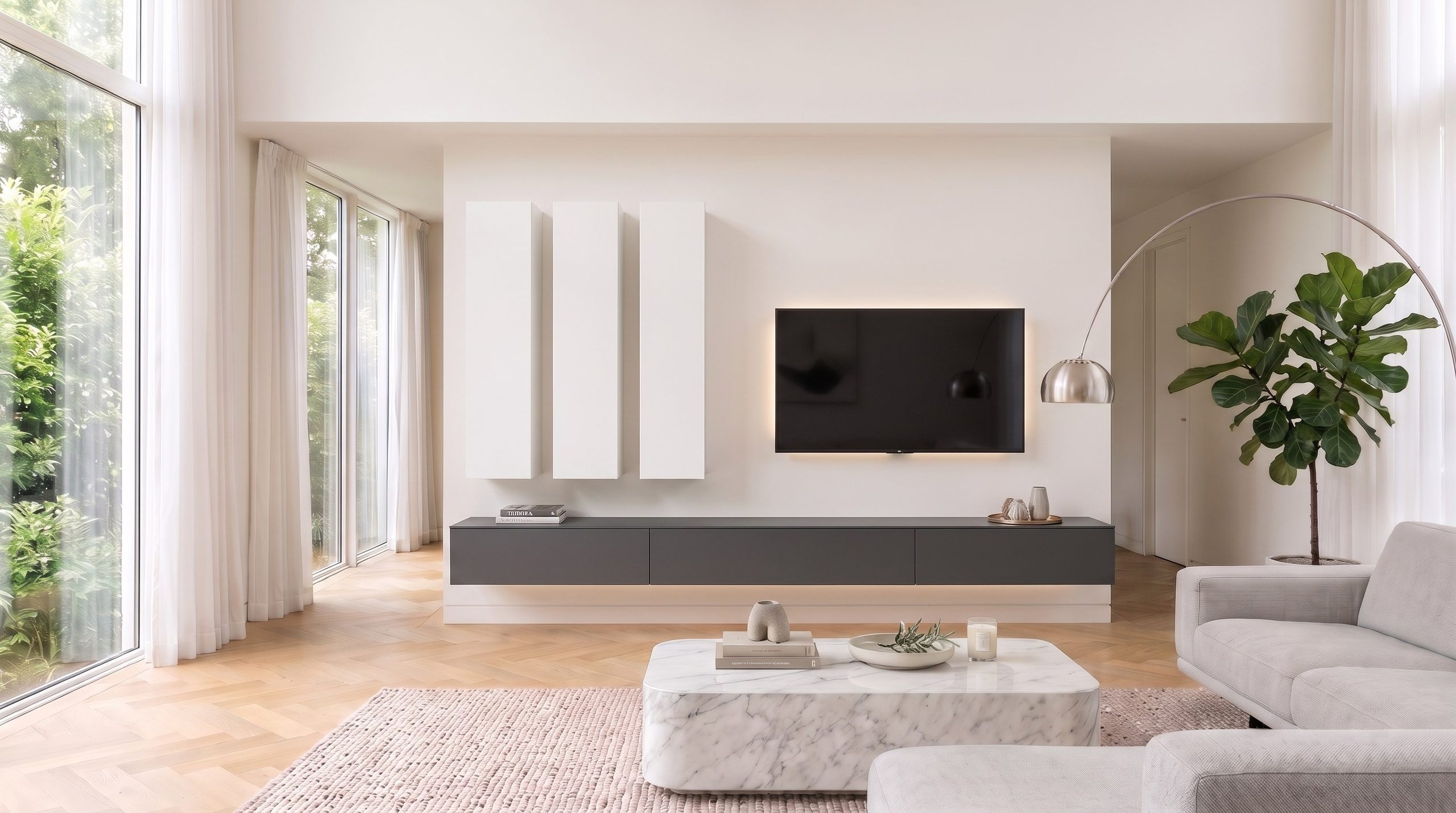 Livitalia Wohnwand C105 mit wandhängendem Lowboard in Anthrazit und drei hohen, schmalen hellen Hängeschränken neben dem Fernseher