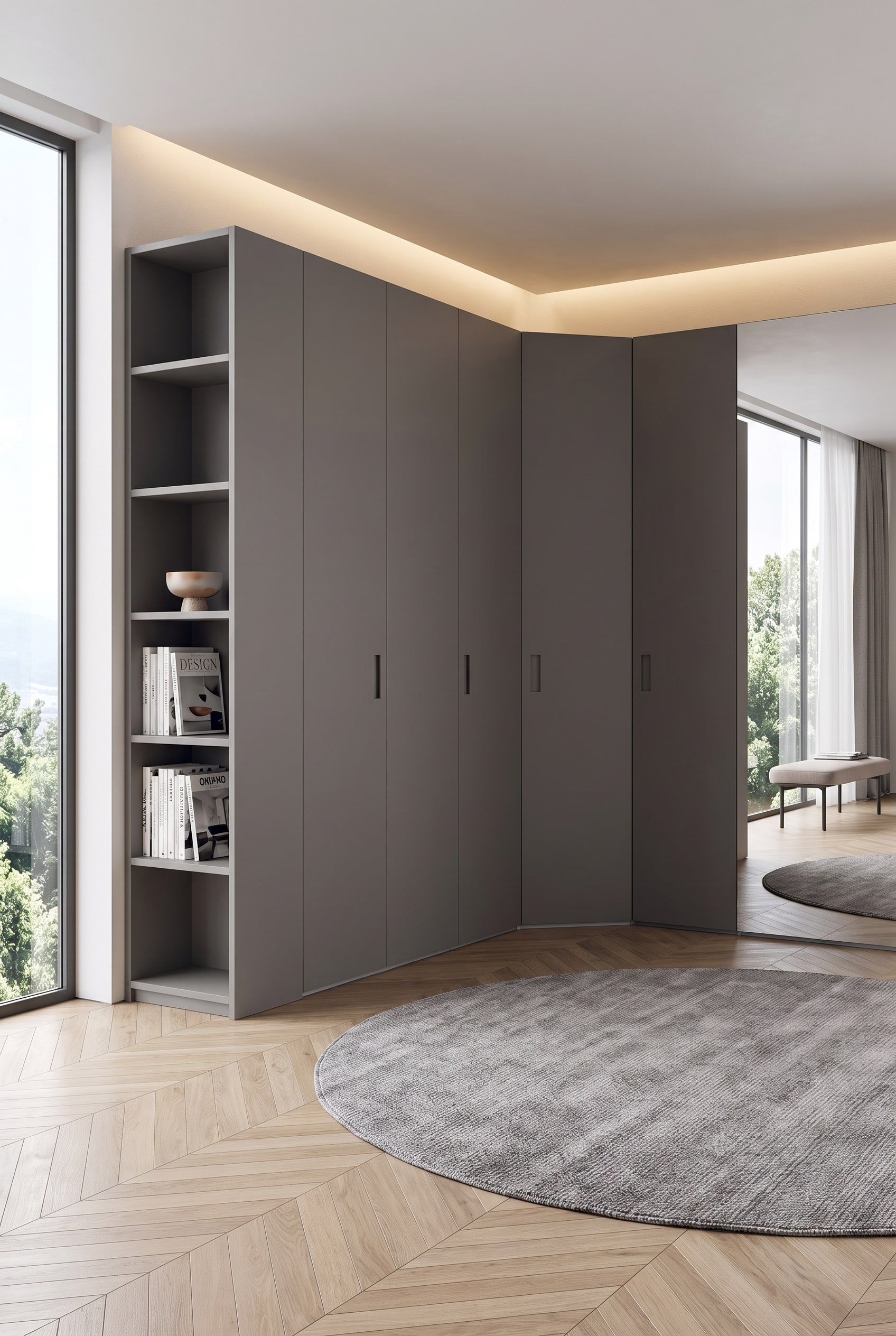 Modernes Ankleidezimmer mit L-förmigem Eckschrank in mattem Grau, integriertem offenem Regalteil und einem runden Teppich