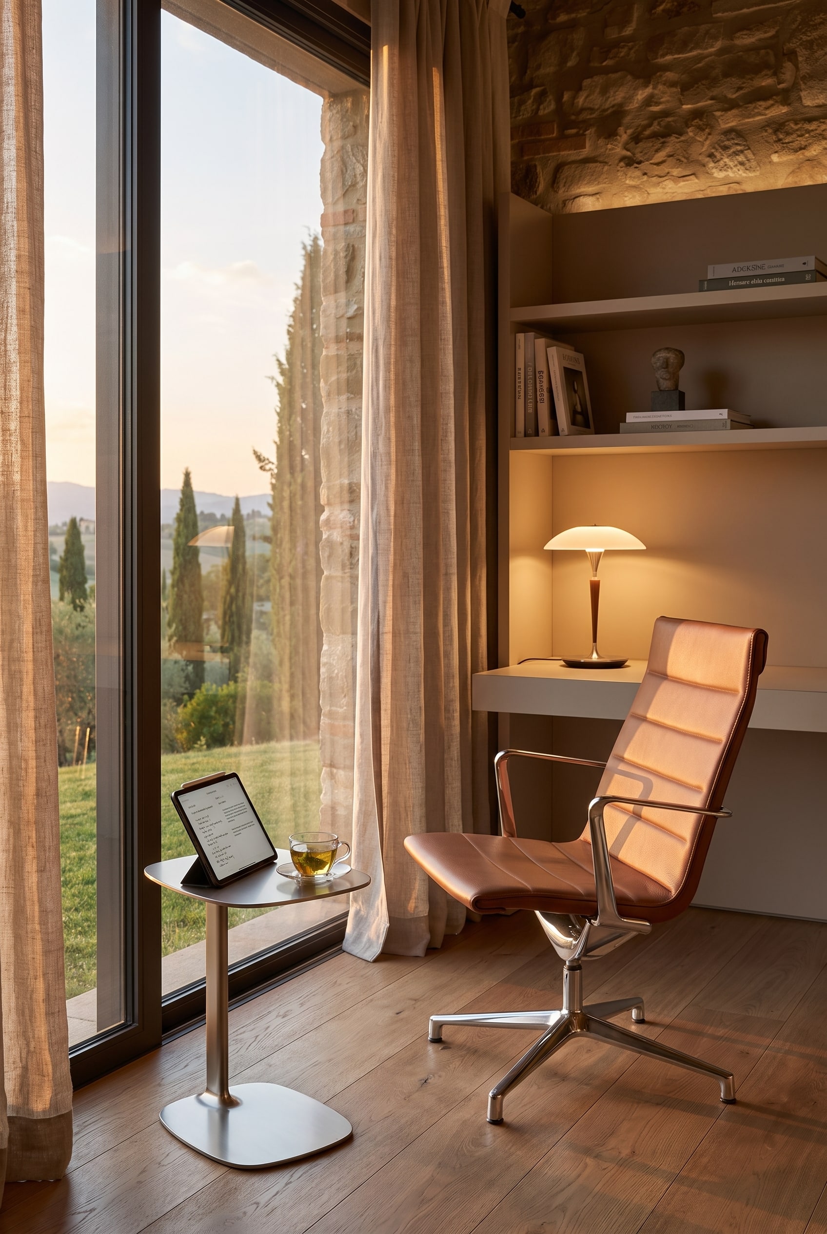 Lounge-Bürosessel aus braunem Leder mit verchromtem Aluminiumfuß, ideal für eine entspannte Arbeitshaltung