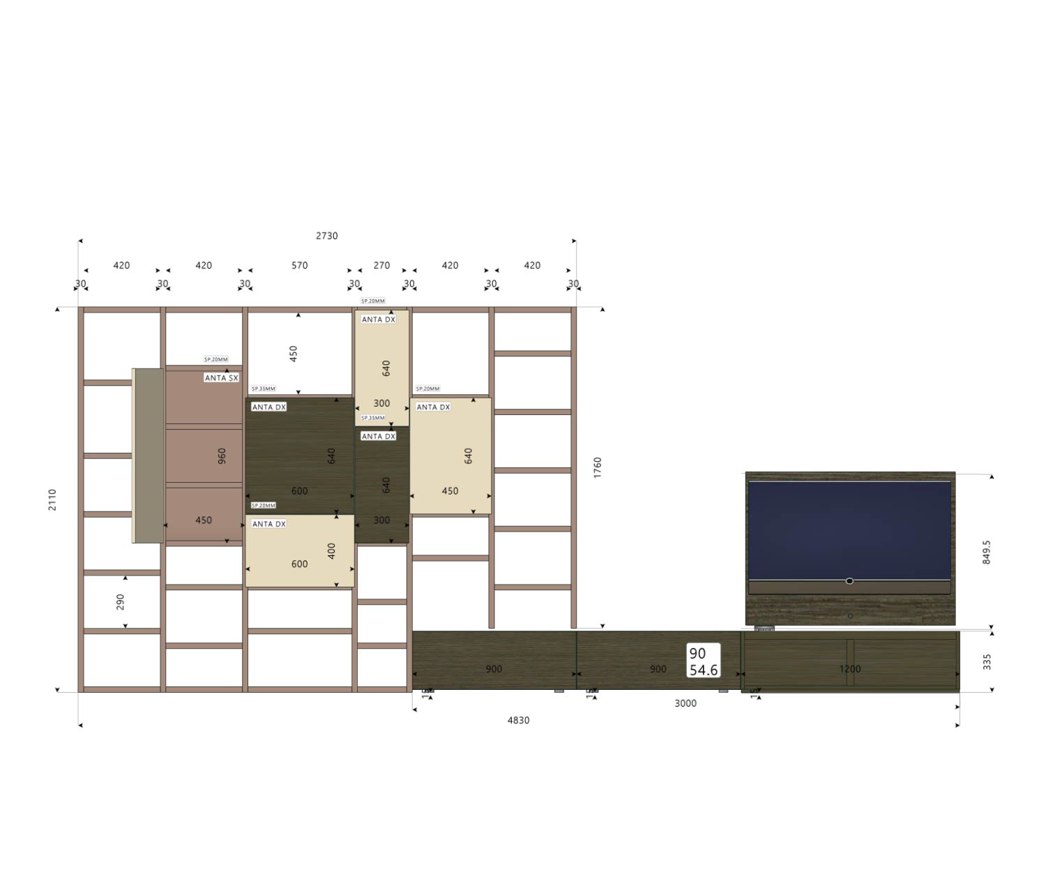 Livitalia Design Wohnwand C45 Skizze Maße Größen Größenangaben