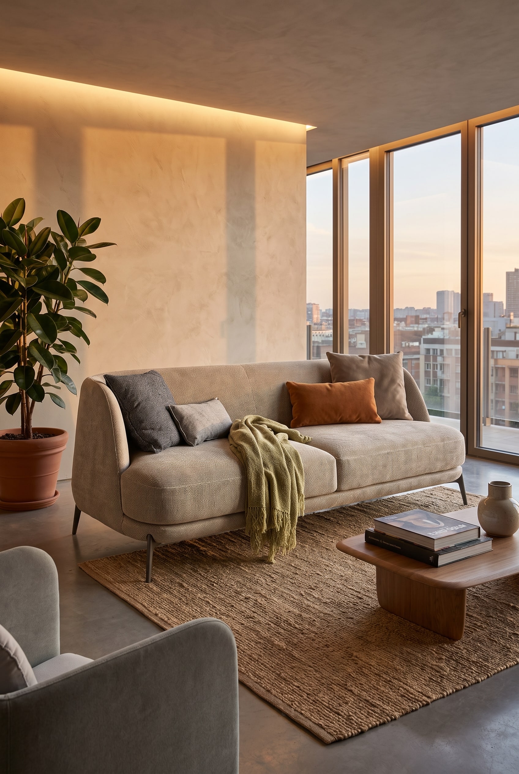 Modernes Wohnzimmer mit geschwungenem Stoffsofa in hellem Beige, zwei quadratischen Zierkissen und einem schmalen Lendenkissen