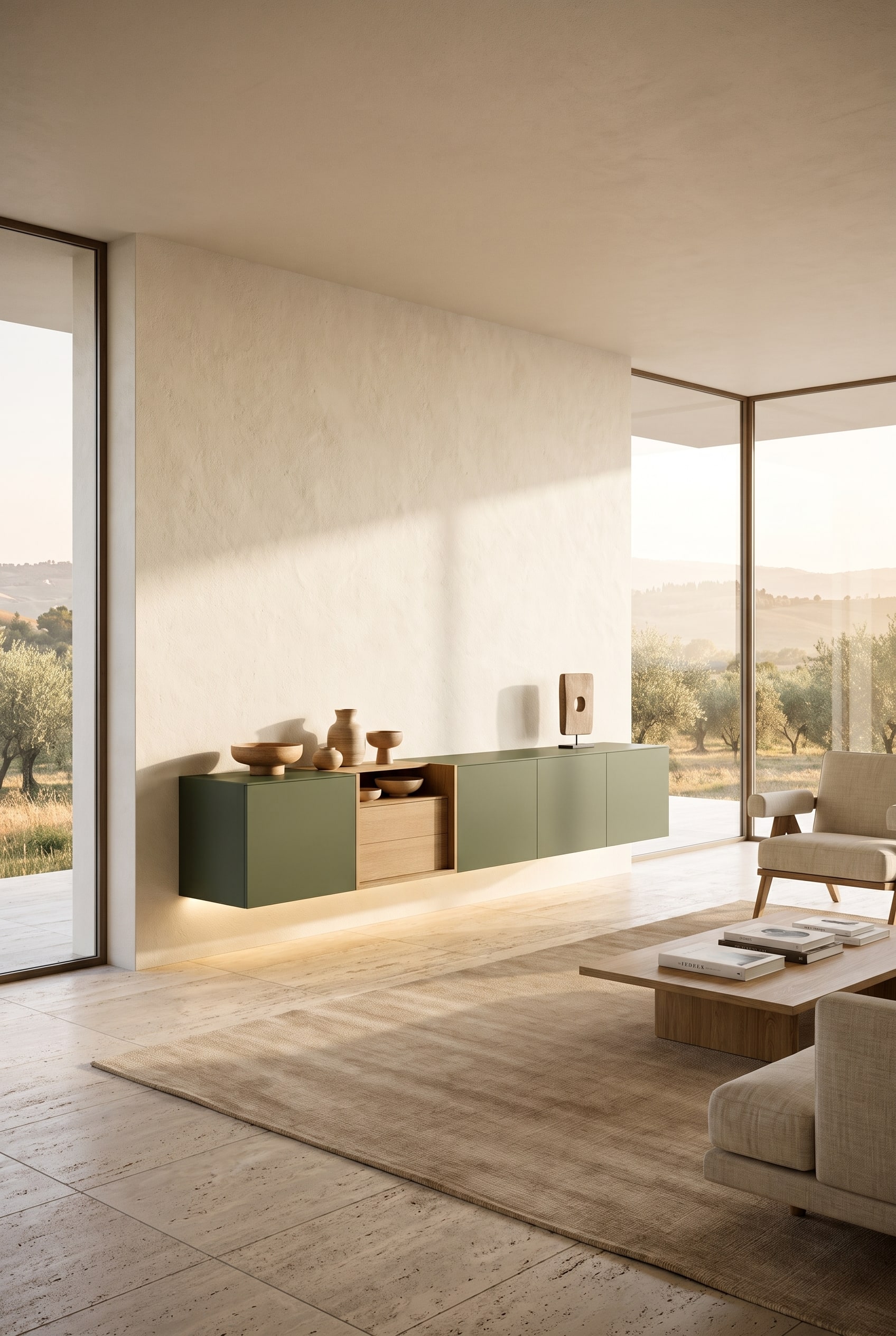 Modernes Wohnzimmer mit einem schwebenden Wand-Sideboard in Olivgr&uuml;n mit Holzelementen und einer bauchigen Keramikschale