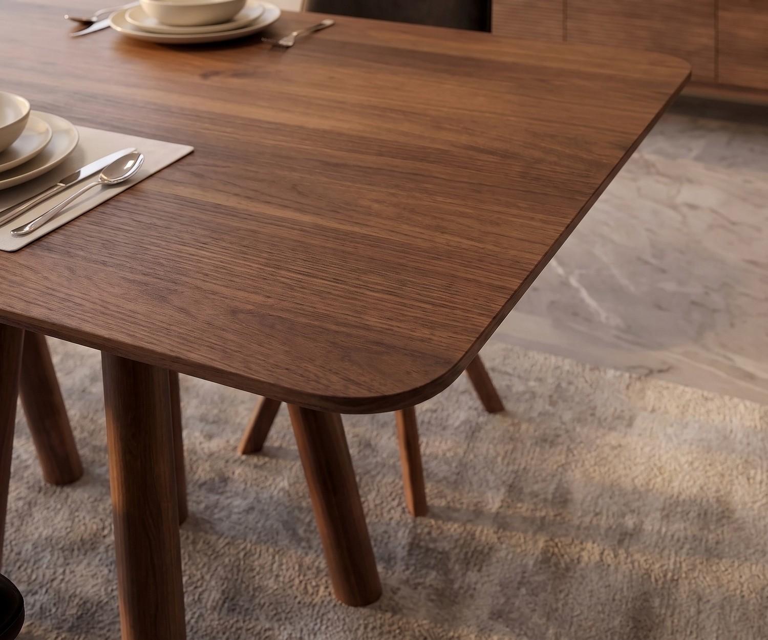 al2 mos-i-ko 001 a Esstisch aus Walnuss-Echtholz im Esszimmer, Tischplatte mit abgerundeten Ecken im modernen Design