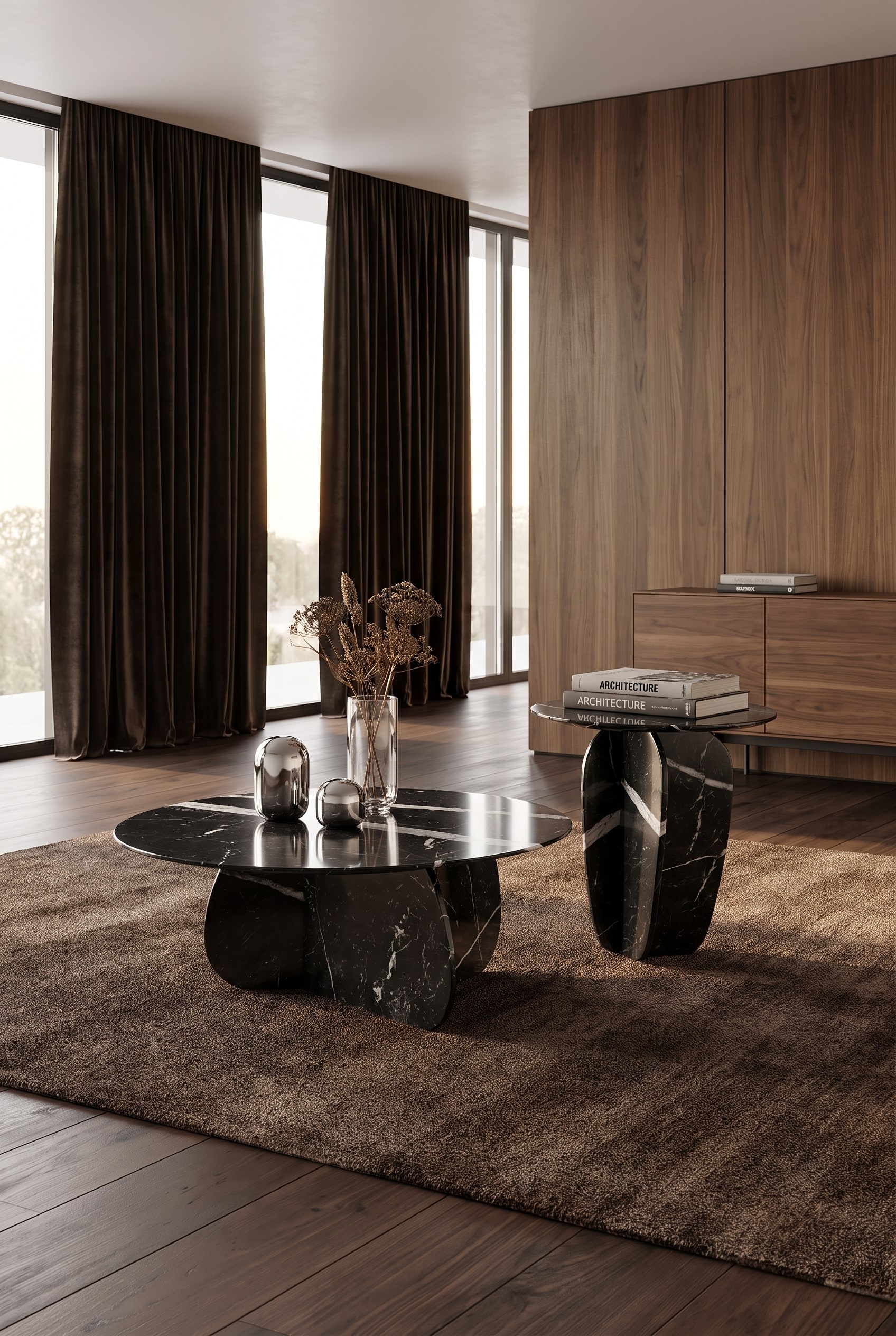 Massiver Couchtisch aus dunklem Marmor mit starker Maserung im Zentrum eines minimalistischen Retro-Luxe Wohnzimmers