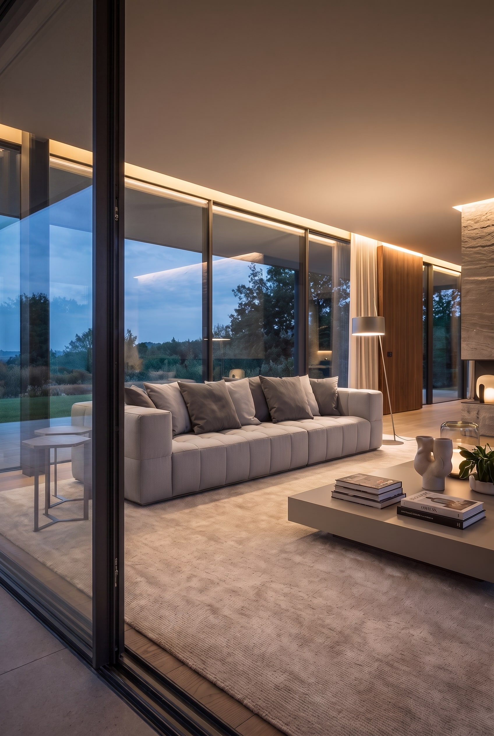 Modernes italienisches Wohnzimmer mit indirekter Beleuchtung. Ein übergroßer heller Teppich fasst das graue Modulsofa harmonisch zusammen.
