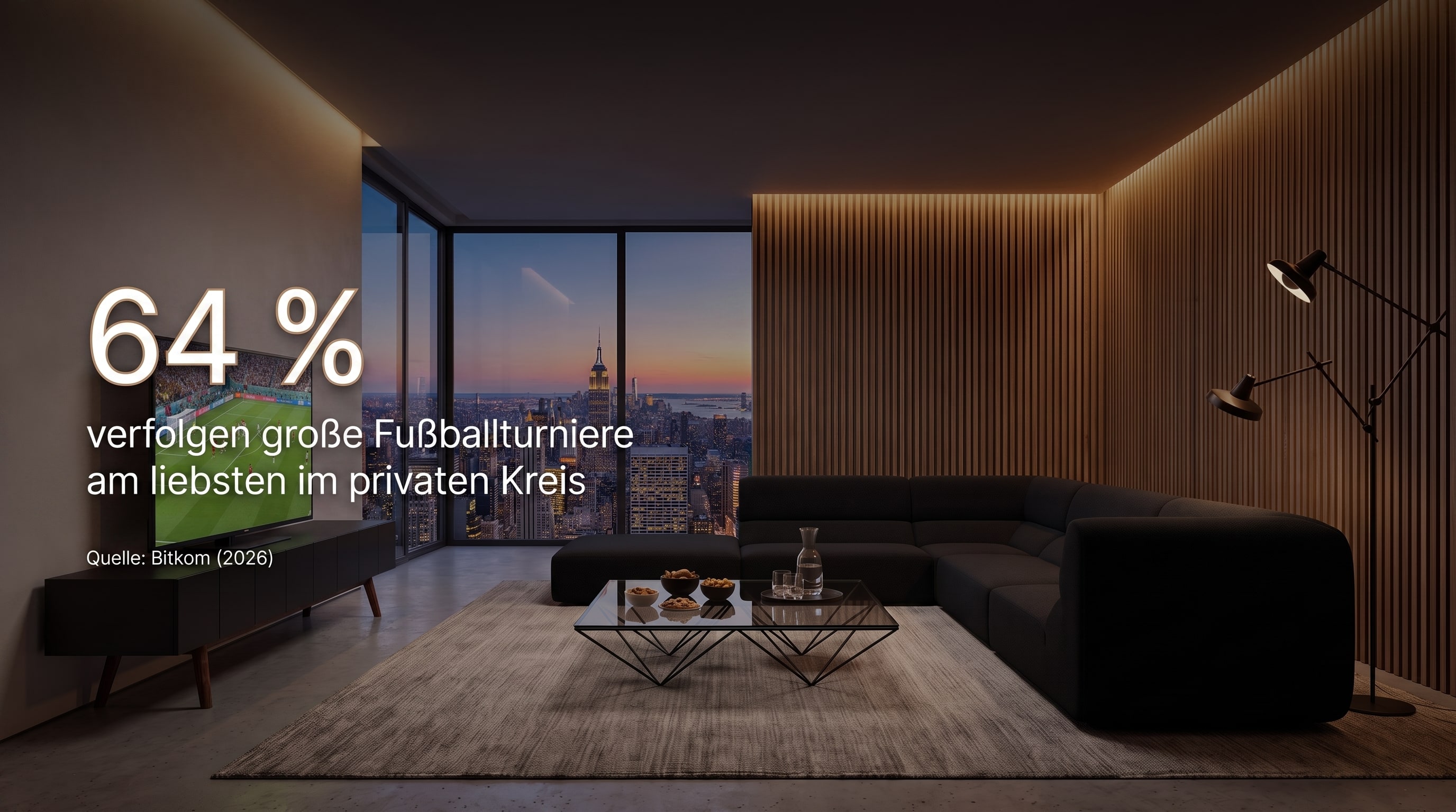 64 % – 64 Prozent verfolgen große Fußballturniere am liebsten im privaten Kreis.