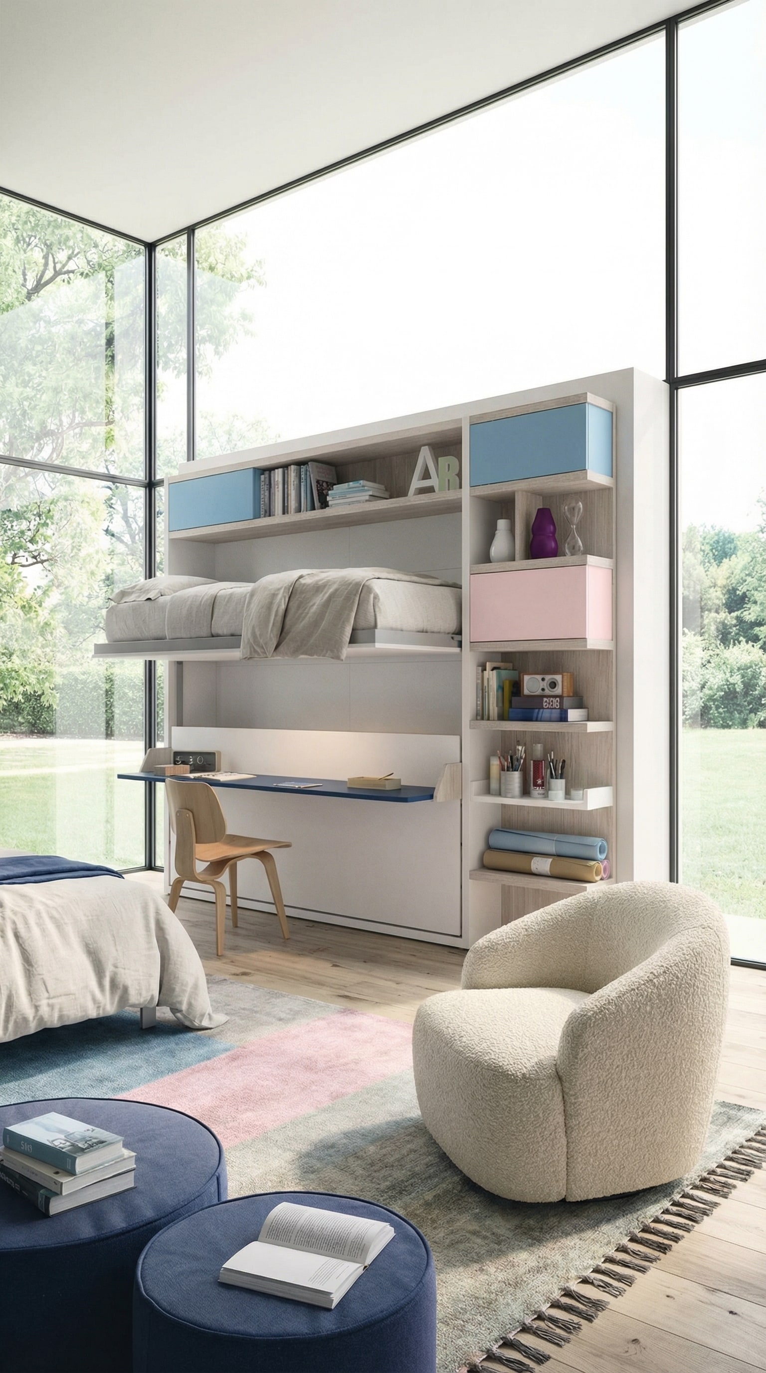 Hochwertiges Gästezimmer für Familien mit einem eleganten Clei Kali Duo Etagen-Schrankbett im geschlossenen Zustand. Hochwertiges Gästezimmer für Familien mit einem eleganten Clei Kali Duo Etagen-Schrankbett im geschlossenen Zustand.