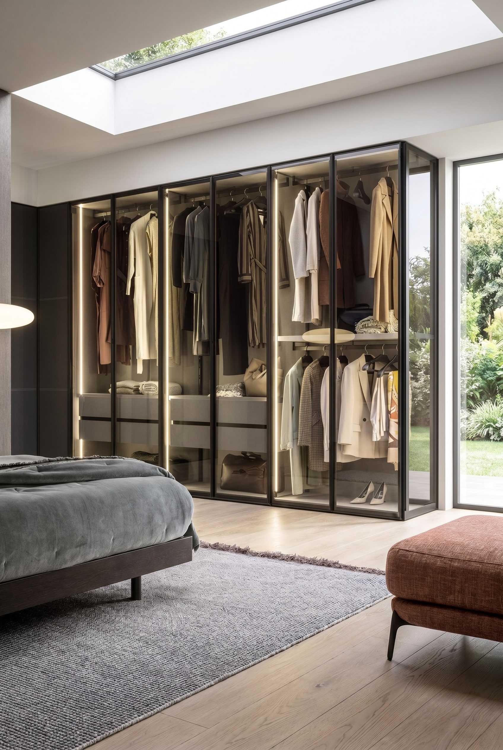Eleganter Kleiderschrank mit Rauchglastüren, schwarzen Metallprofilen und warmer 3000 Kelvin Innenbeleuchtung im modern eingerichteten Schlafzimmer