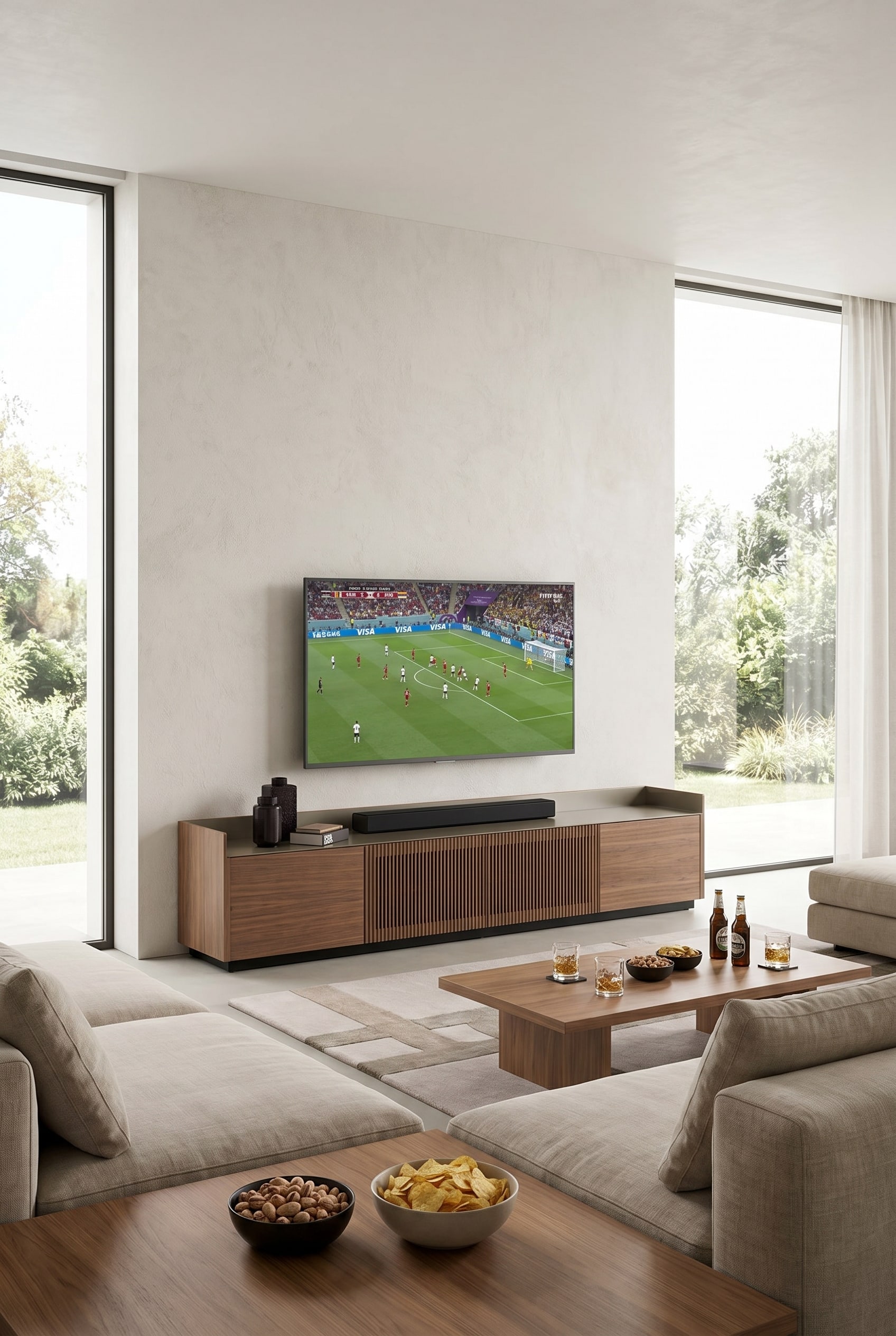 Modernes Wohnzimmer mit Walnussholz-Lowboard mit Aluminium-Topplatte, darauf ein Flachbildfernseher und eine schmale schwarze Soundbar