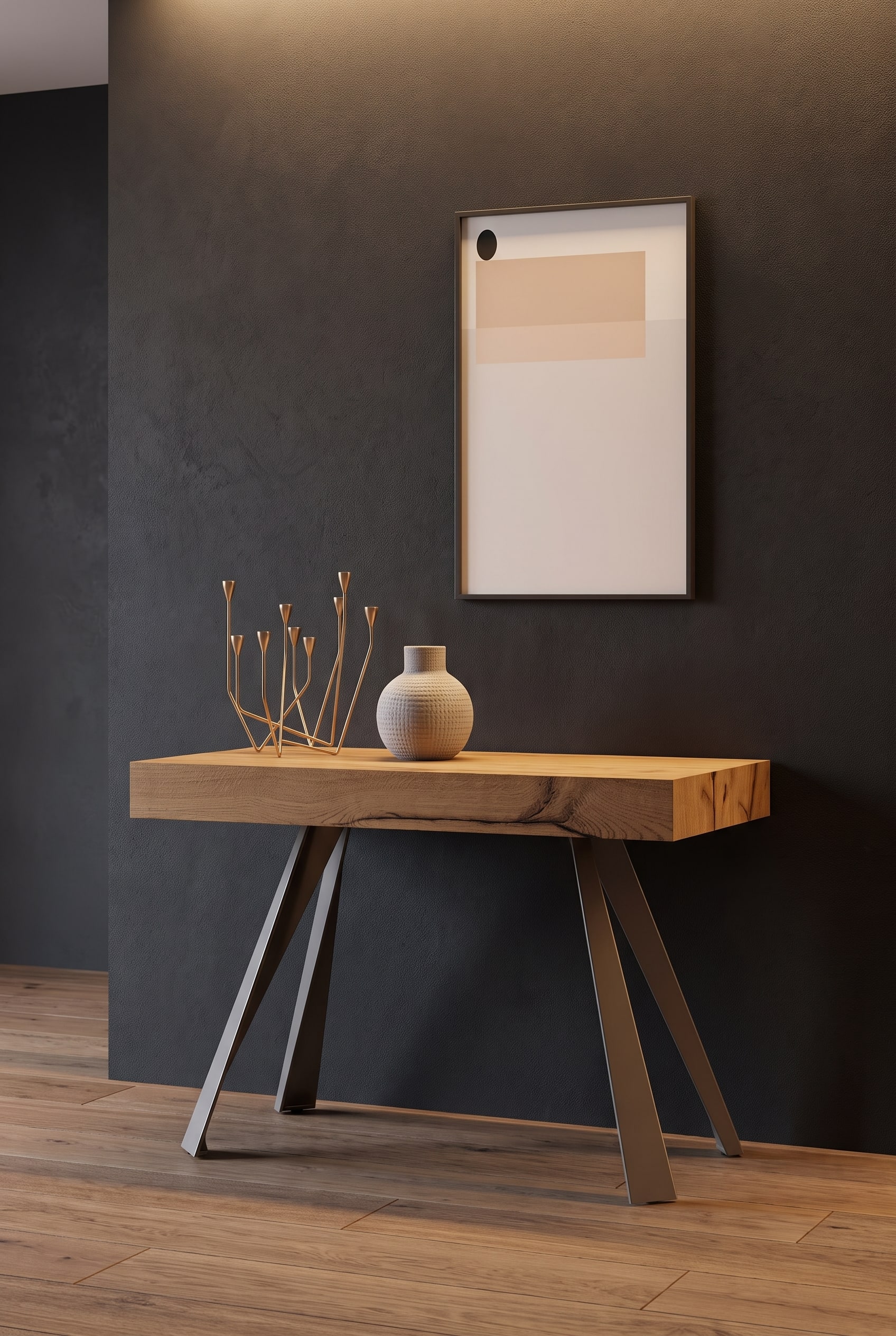 Holzkonsole mit schr&auml;gen Metallbeinen in einem modernen Raum, dar&uuml;ber h&auml;ngt ein perfekt proportioniertes Kunstwerk mit 20 cm Abstand
