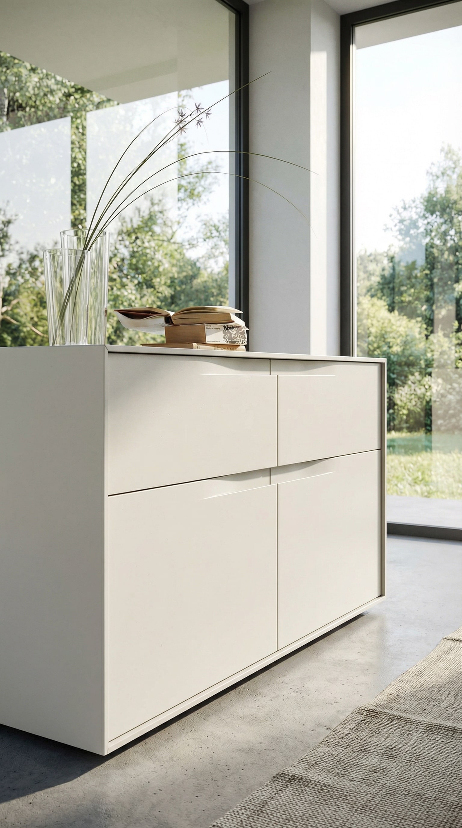 Matte Designer-Kommode mit eleganten, grifflosen Fronten in einem stilvoll eingerichteten Raum.