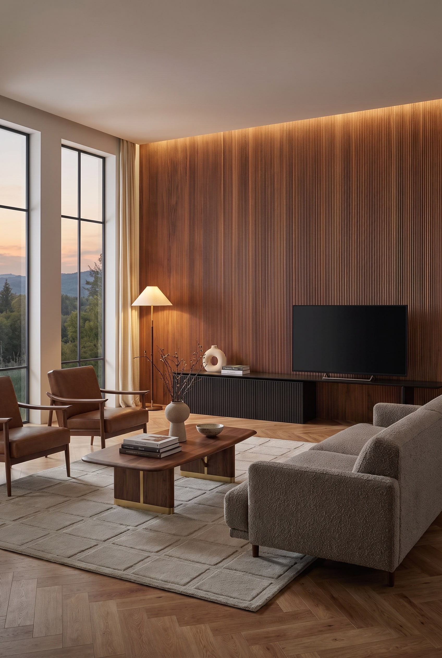 Wohnzimmer mit dunkler Holzlattenwand, schwarzem Punt Velasca Lowboard, TV-Ger&auml;t und cognacfarbenen Mid-Century-Sesseln.