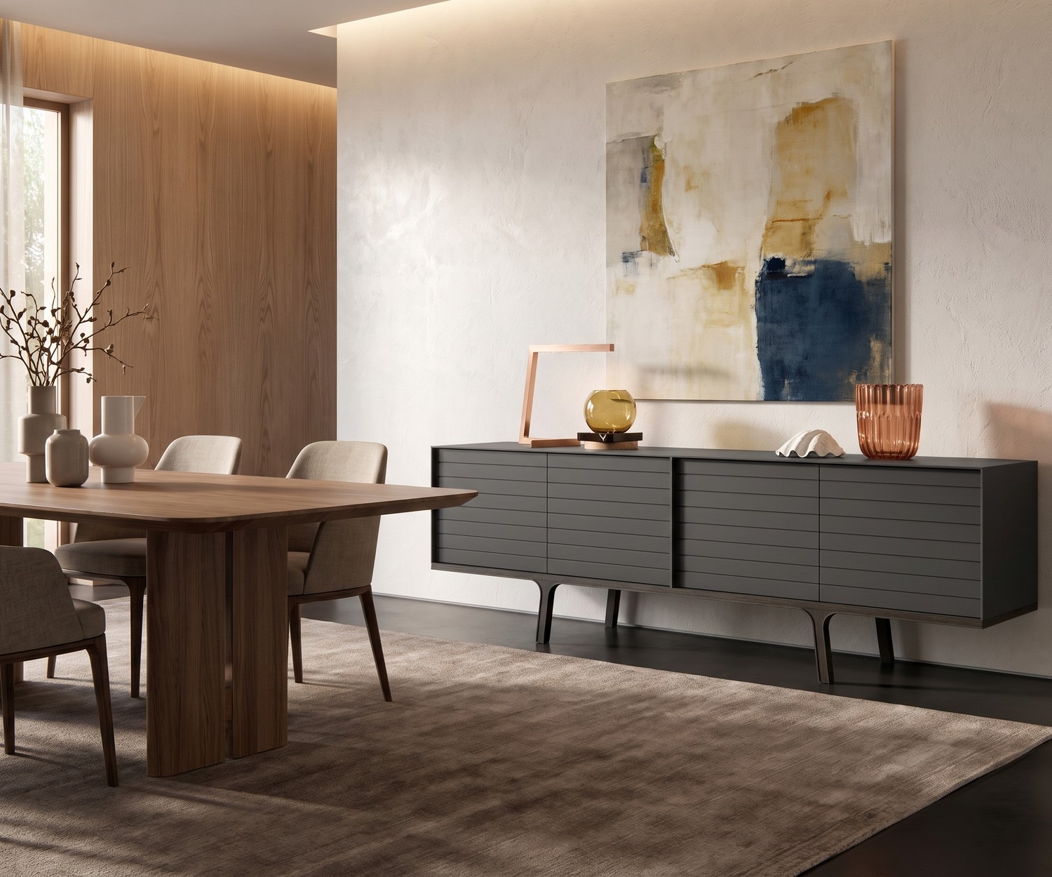 al2 Mobius 002 Design Sideboard in Dunkelgrau al2 Mobius 002 Sideboard fürs Wohnzimmer in Dunkelgrau mit Holzbeinen, minimalistische Dekoration und abstraktes Bild.
