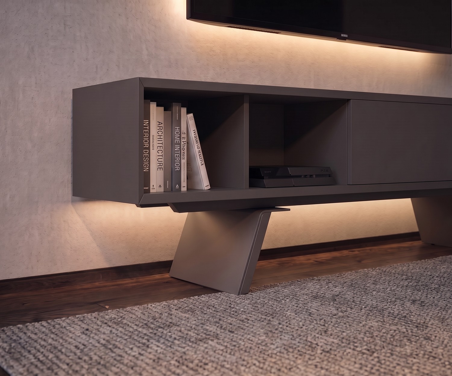 Modernes TV Lowboard al2 e-klipse 005 in Grau mit LED-Licht TV Lowboard al2 e-klipse 005 für das Wohnzimmer in mattem Grau mit LED-Beleuchtung, offenen Fächern und modernem Design.
