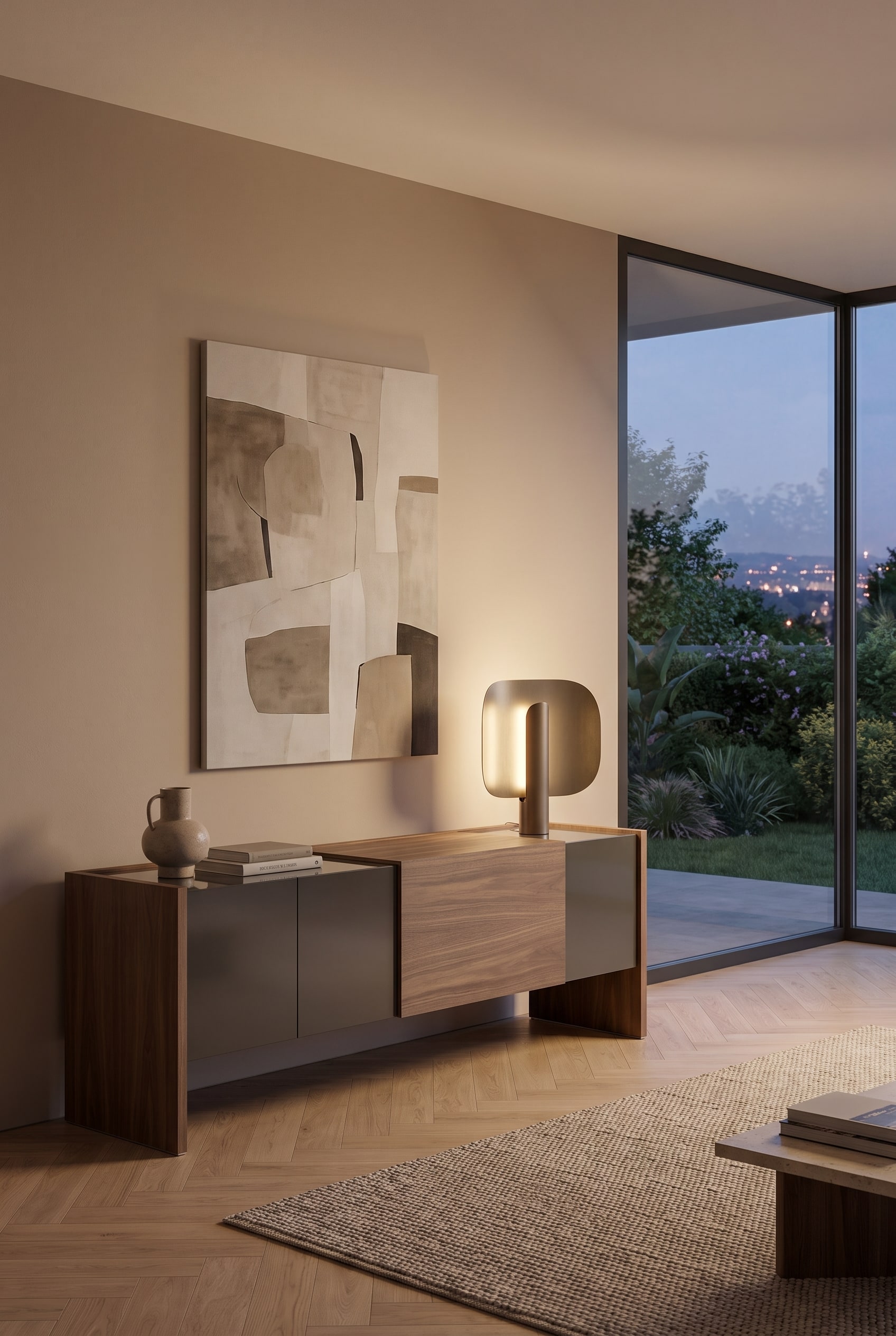 Ein elegantes Punt Toscana Lucca Sideboard aus warmem Holz mit auffälliger Lamellenfront im Mid-Century Stil