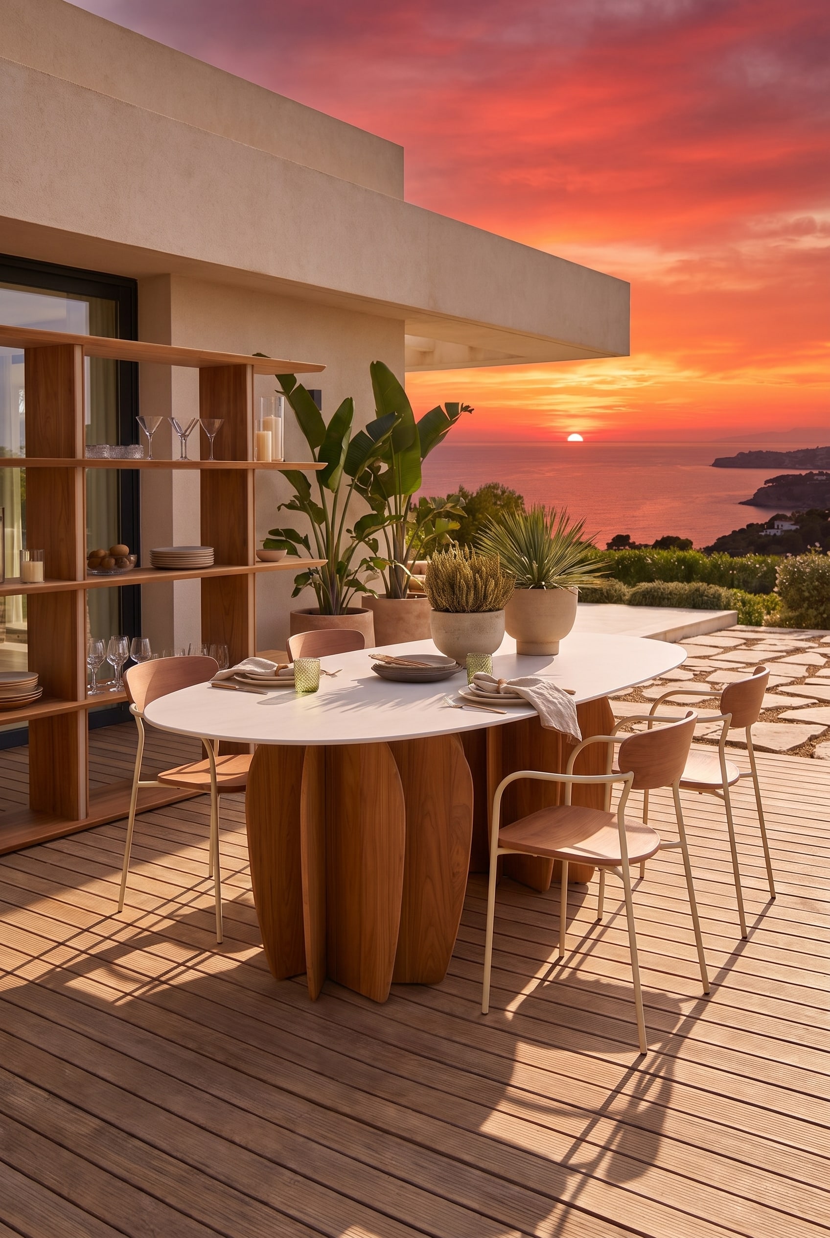 Holzdeck am frühen Abend mit einem eleganten ovalen Outdoor-Esstisch, dessen markante Teakholz-Beine vom warmen Gegenlicht beschienen werden