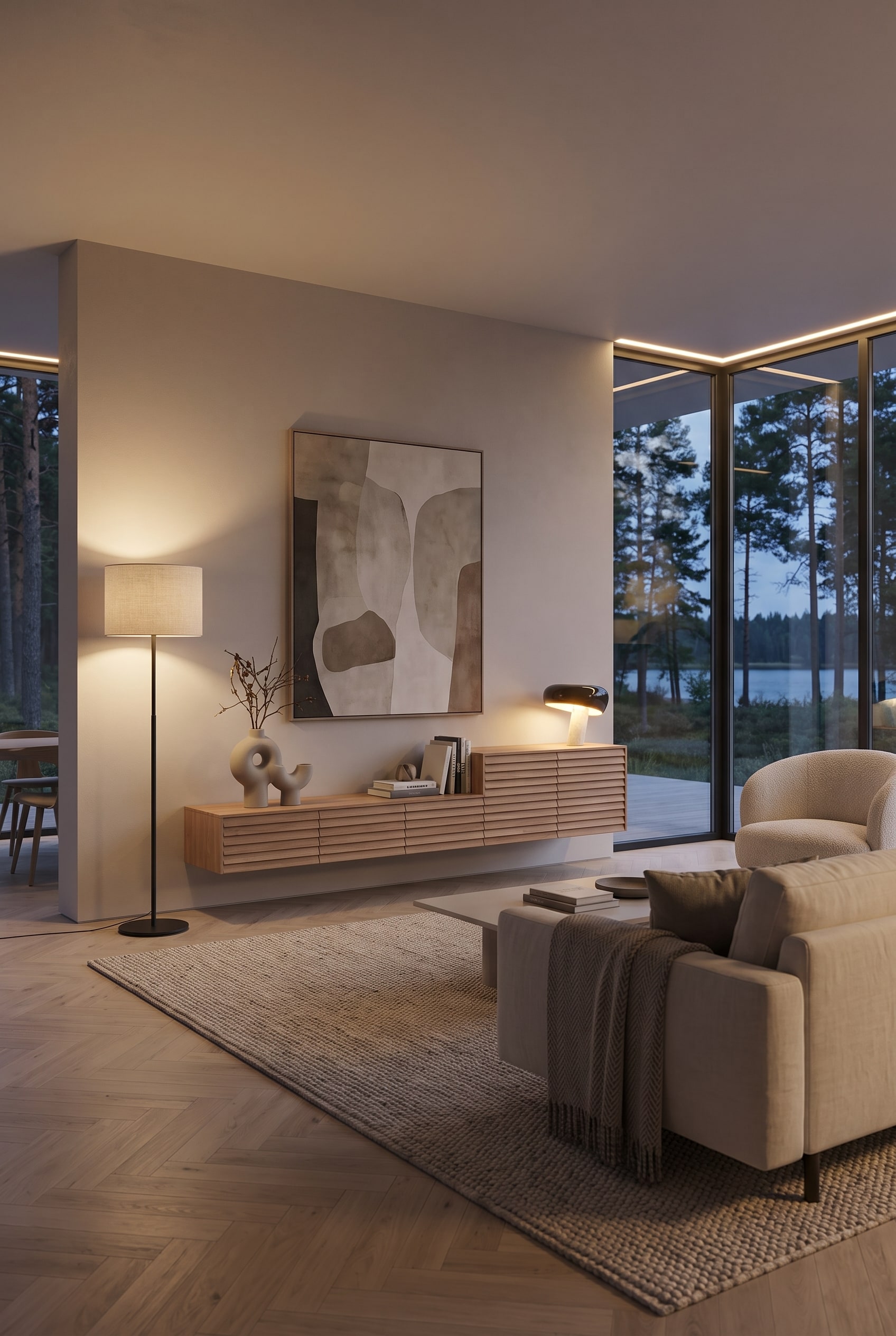 Elegantes Wohnzimmer im Skandi-Chic mit hochwertigem Eichen-Sideboard mit markanter Holz-Lamellenfront, das architektonische Leichtigkeit ausstrahlt.