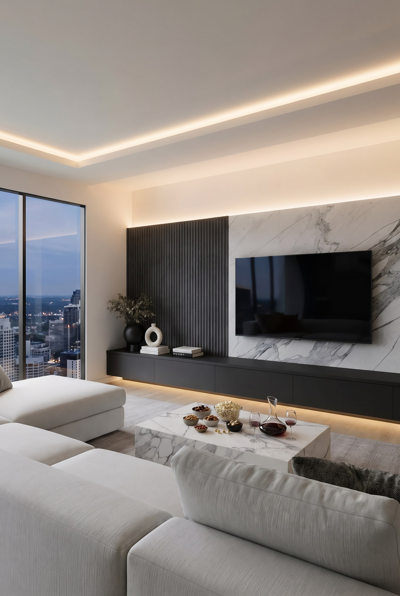 Luxuriöses Wohnzimmer mit maßgefertigter Medienwand aus dunkelgrauen Lamellen, Marmor-Rückwand und großer weißer Couch