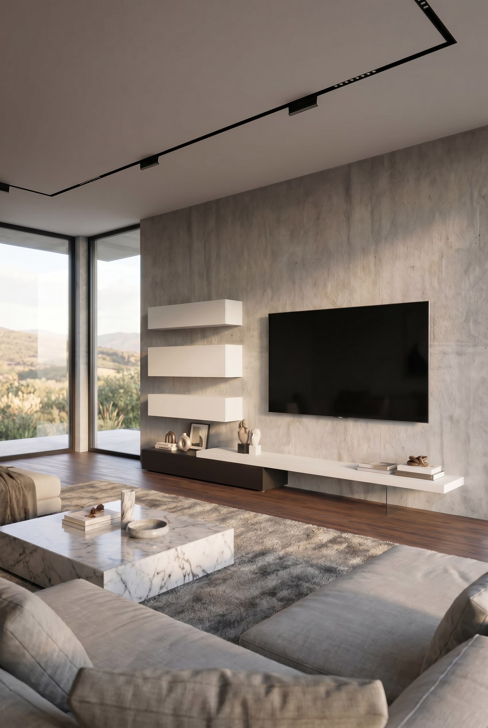 Wohnzimmer in Betonoptik mit drei wei&szlig;en, schwebenden geschlossenen H&auml;ngeschr&auml;nken und einem schwarzen, bodennahen Lowboard auf einem Glasfu&szlig;