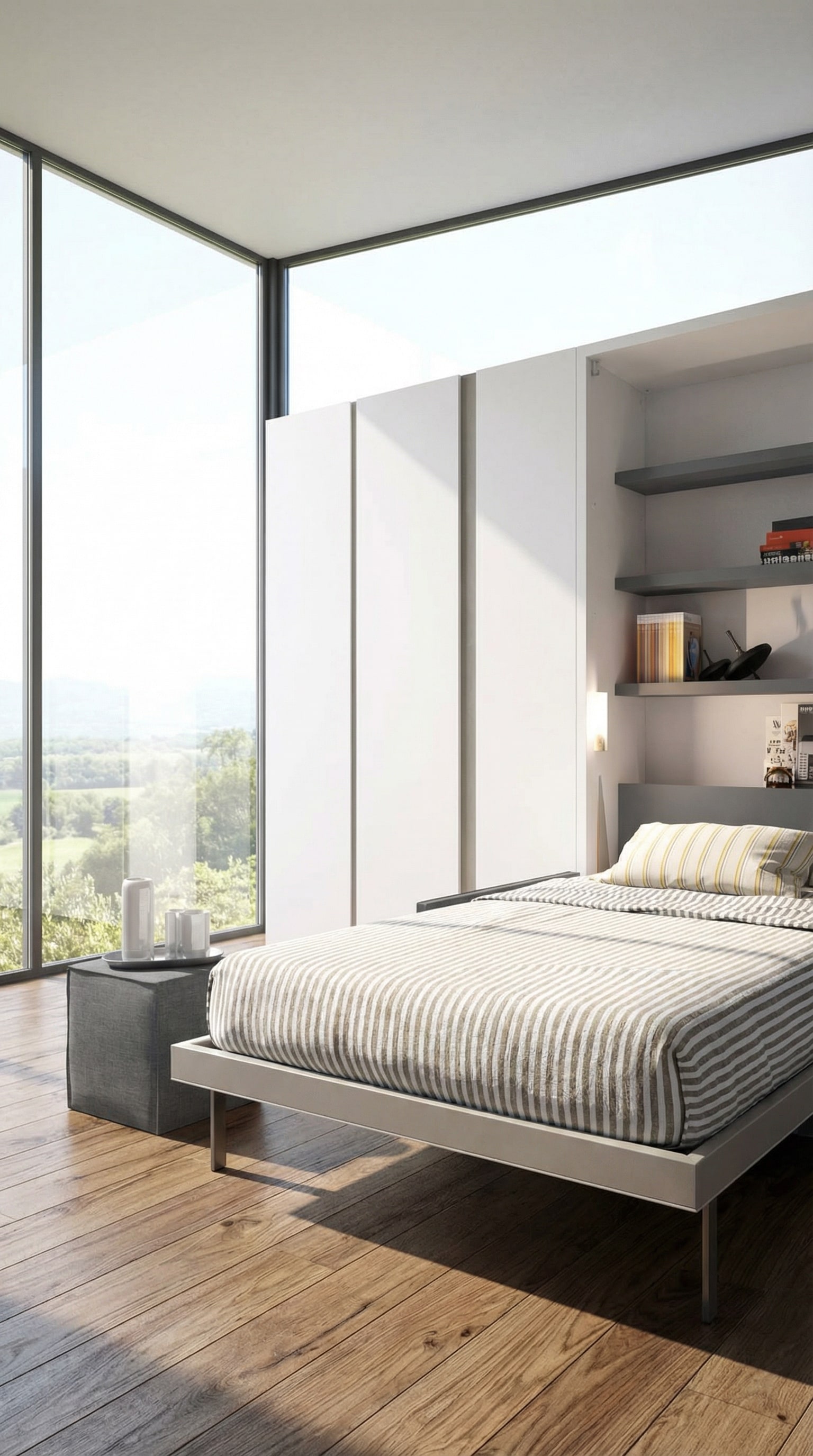 Kompaktes Clei Altea Schrankbett, nahtlos integriert in eine moderne Regalwand in einem eleganten Zimmer. Kompaktes Clei Altea Schrankbett, nahtlos integriert in eine moderne Regalwand in einem eleganten Zimmer.