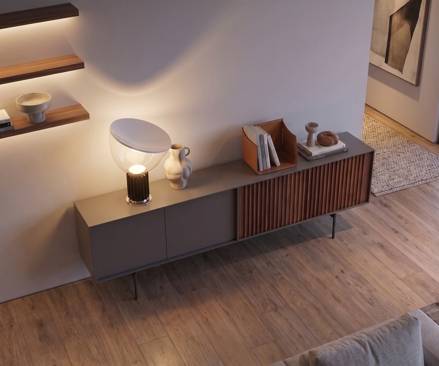 Designer Sideboard ka-bera 003 B von al2 al2 ka-bera 003 B Design Sideboard im Wohnzimmer mit mattgrauen Fronten, edlen Holzlamellen & Designerlampe im modernen Stil.