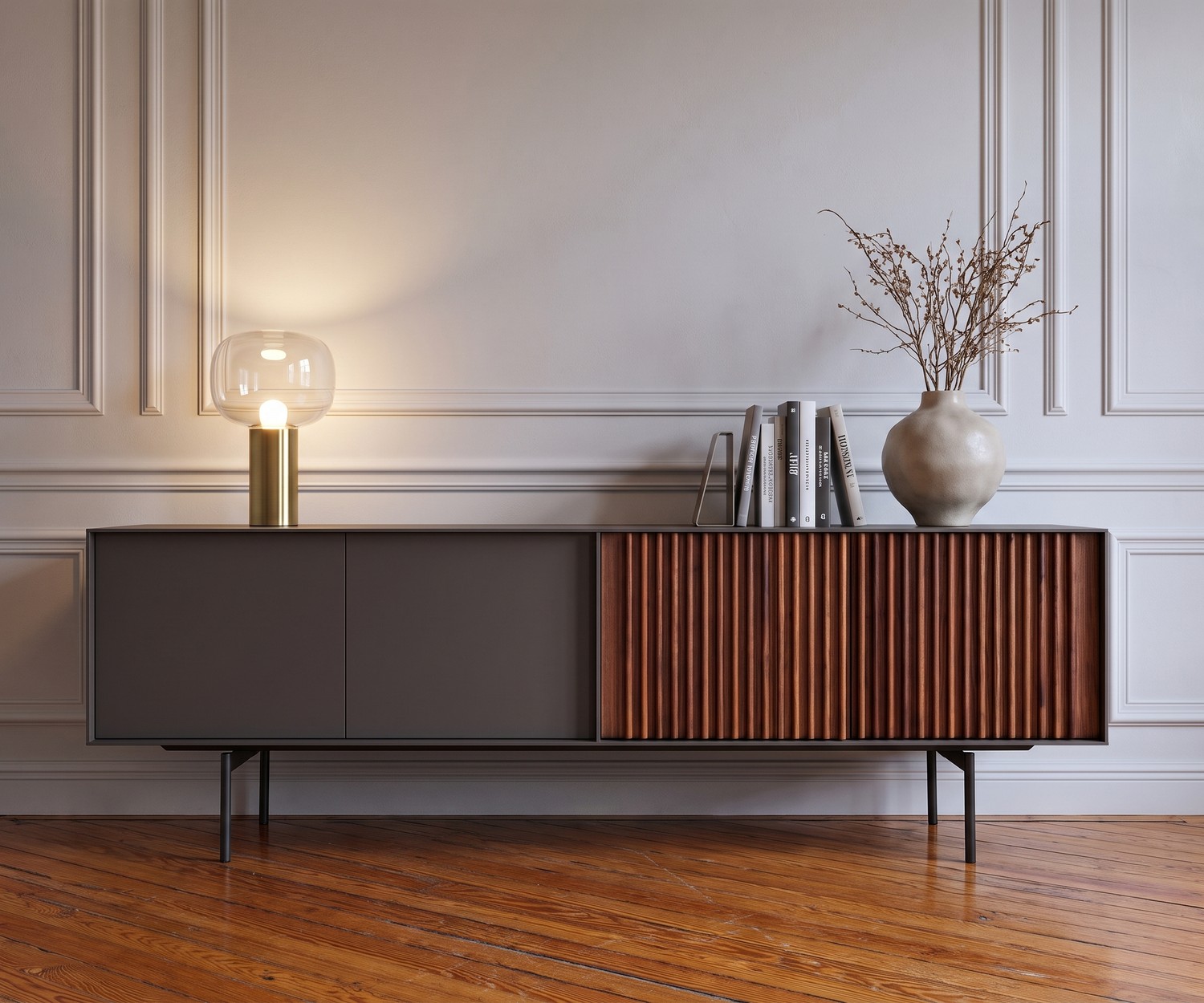 Design Sideboard Walnuss Dunkelgrau Matt lackiert Türen mit Push Pull Technik