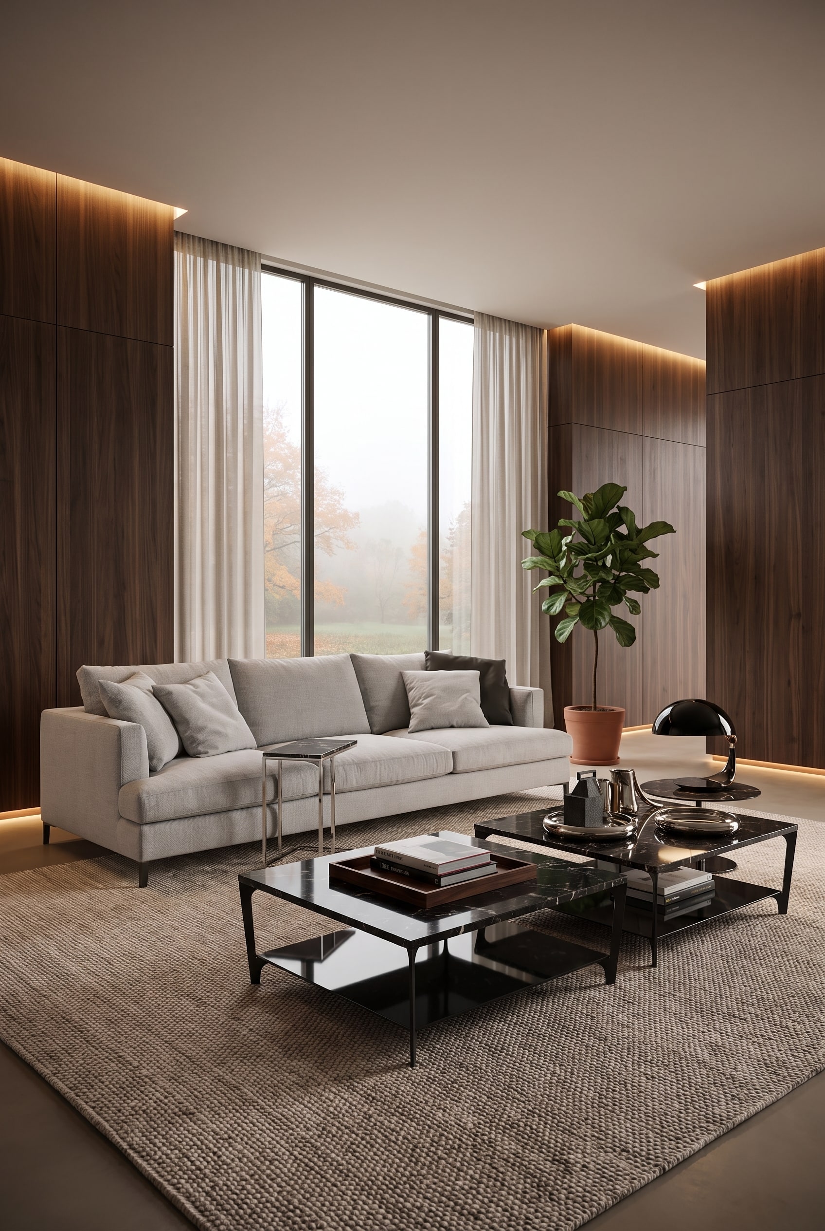 Großzügiges, bodennahes Sofa in beigem Leinenstoff in einem weiten, warm beleuchteten Wohnzimmer