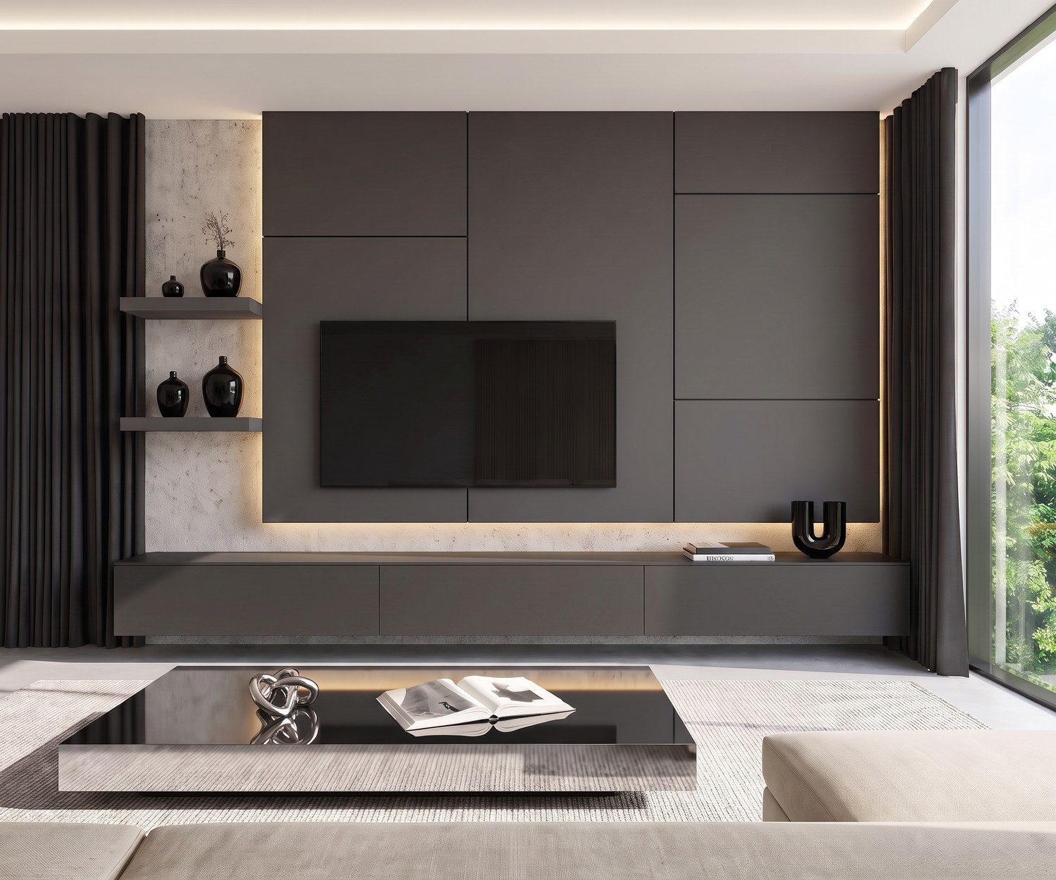 Livitalia Wohnwand C102 mit TV-Paneel & hängendem Lowboard. Modernes graues Medienmöbel mit LED-Beleuchtung im Wohnzimmer.