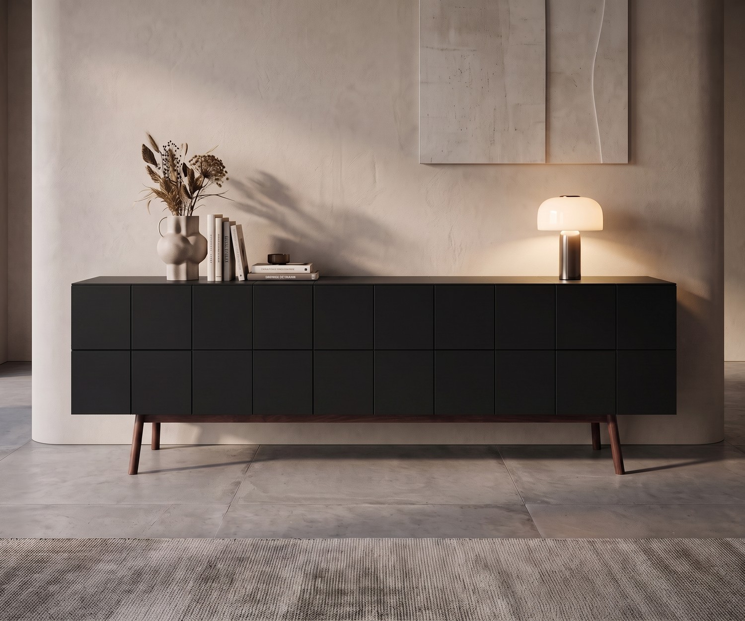 al2 Designer Sideboard MOS-I-KO 003 B in Mattschwarz al2 Sideboard MOS-I-KO 003 B für das Wohnzimmer, matt schwarzes Designer-Möbel mit Holzbeinen im minimalistischen Raum.