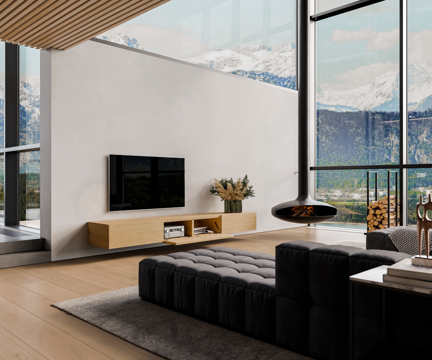 TV Lowboard an der Wand mit Klapptüren ohne Griffe TV Lowboard an der Wand mit Klapptüren ohne Griffe