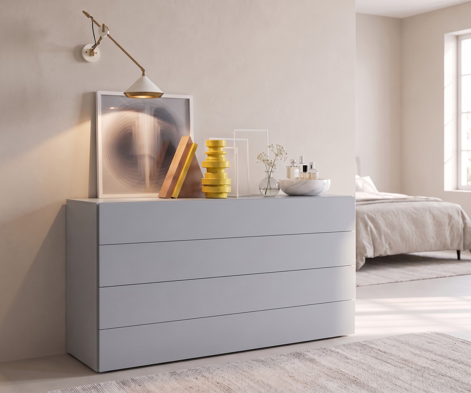 Novamobili Kommode Easy 4 für Stauraum im Schlafzimmer, griffloses Design in Hellgrau für minimalistischen Wohnstil.