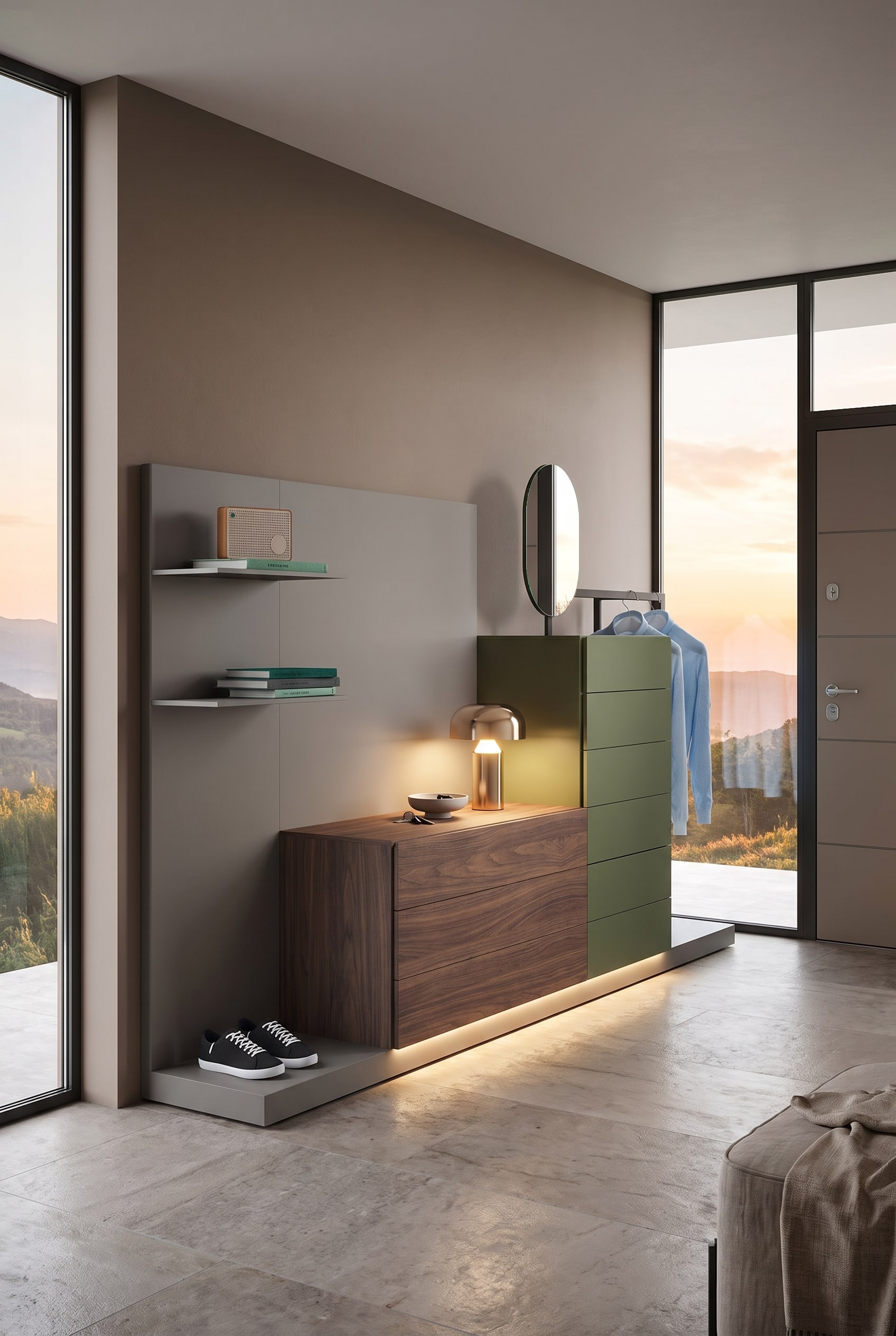 Ein elegant eingerichteter Flur mit schwebender Kommode, einem Garderoben-Wandpaneel aus Holz und Wänden in der Trendfarbe Macchiato