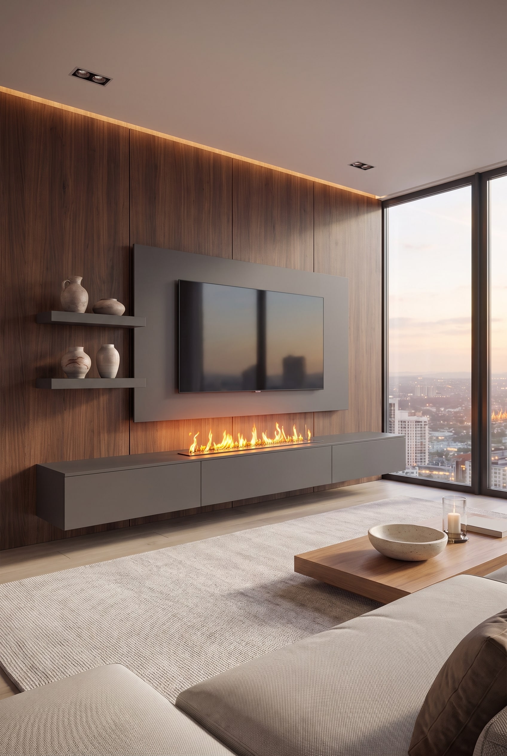 Moderne Wohnwand mit integriertem Kamin und fl&auml;chigem Holzpaneel aus dunklem Nussbaum, das Technik und Kabel geschickt verdeckt.