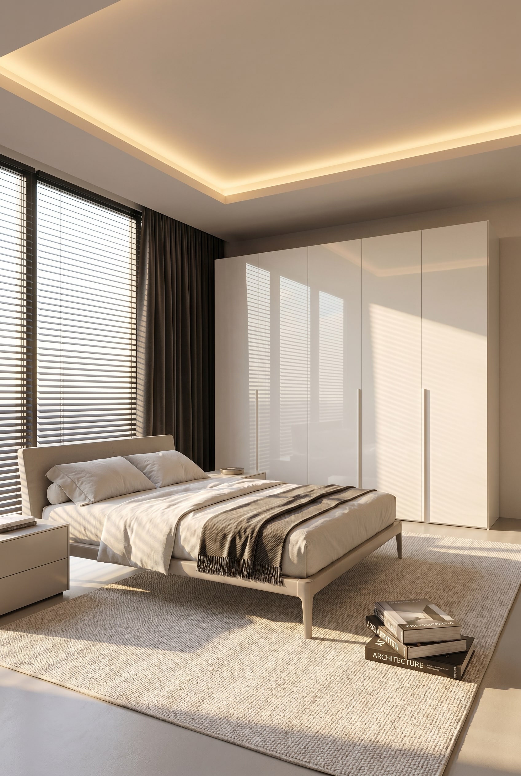 Lichtdurchflutetes Schlafzimmer mit hellem Kleiderschrank mit transparenten Glas-Flügeltüren, Morgensonne und einem edlen Wollteppich