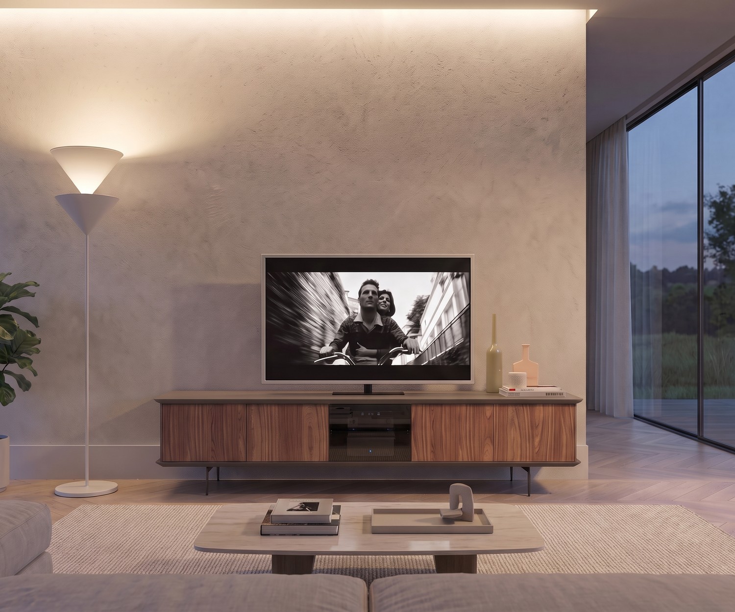 Ozzio Brera TV Lowboard aus Holz für das Wohnzimmer. Modernes TV-Sideboard aus Walnuss mit edler Rauchglastür.